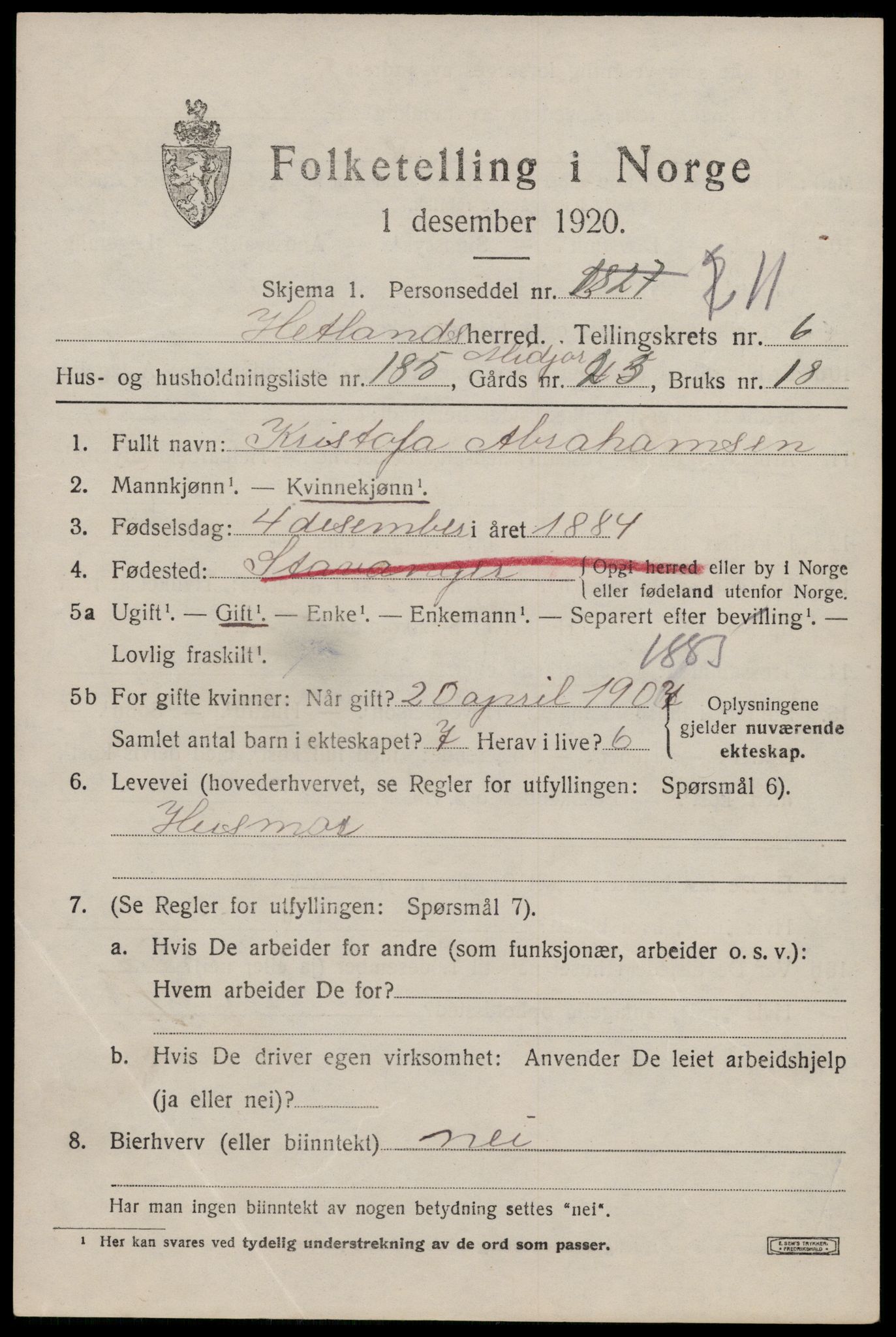 SAST, 1920 census for Hetland, 1920, p. 13117