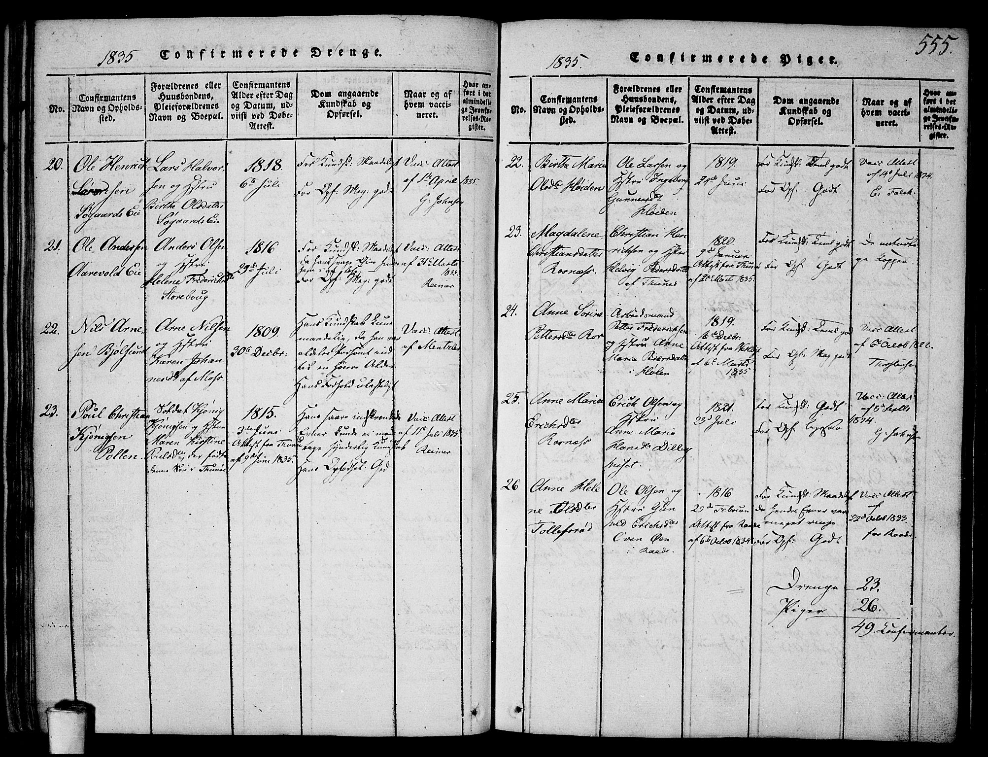 Rygge prestekontor Kirkebøker, AV/SAO-A-10084b/F/Fa/L0003: Parish register (official) no. 3, 1814-1836, p. 554-555