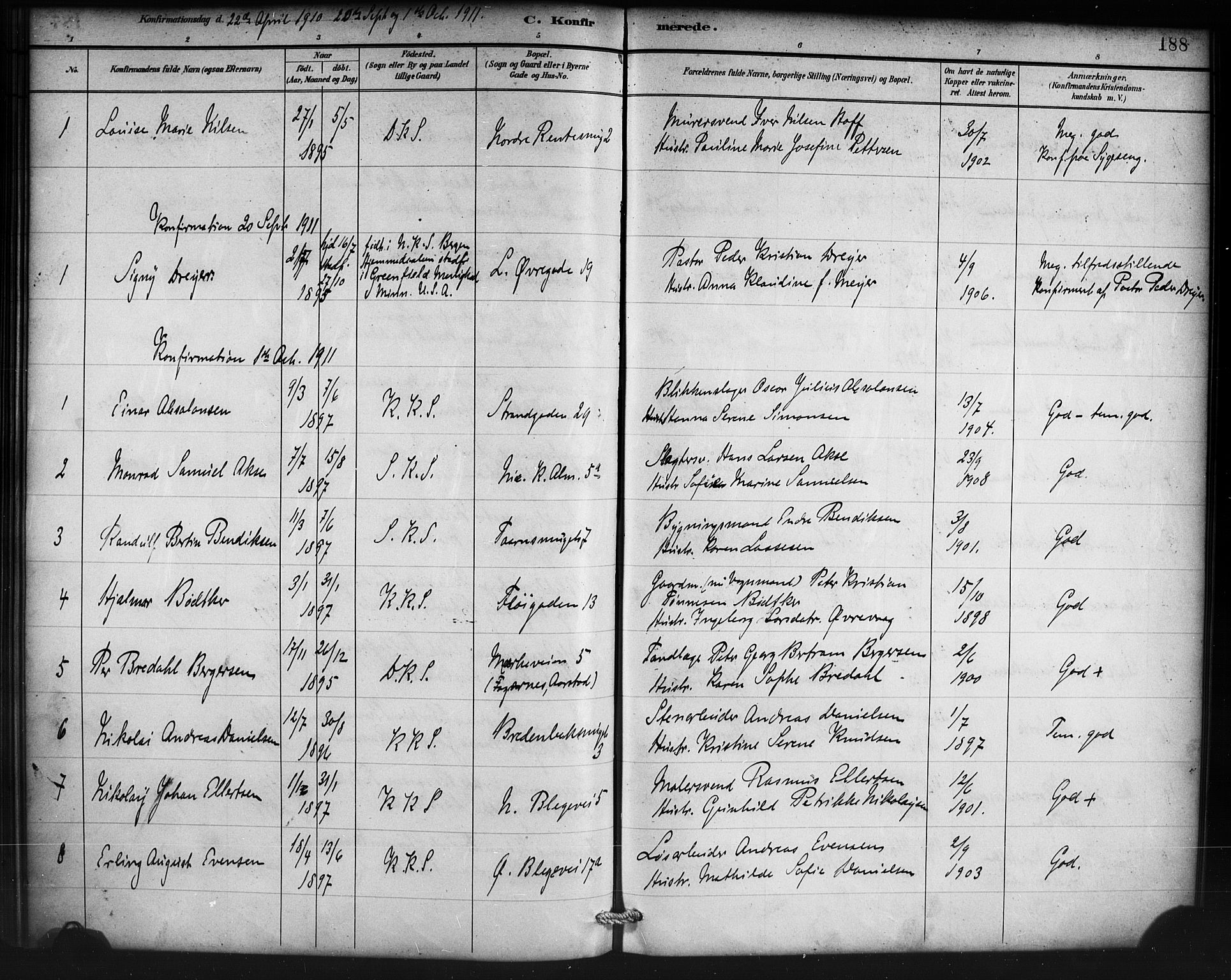 Korskirken sokneprestembete, SAB/A-76101/H/Haa/L0071: Curate's parish register no. A 6, 1885-1912, p. 188