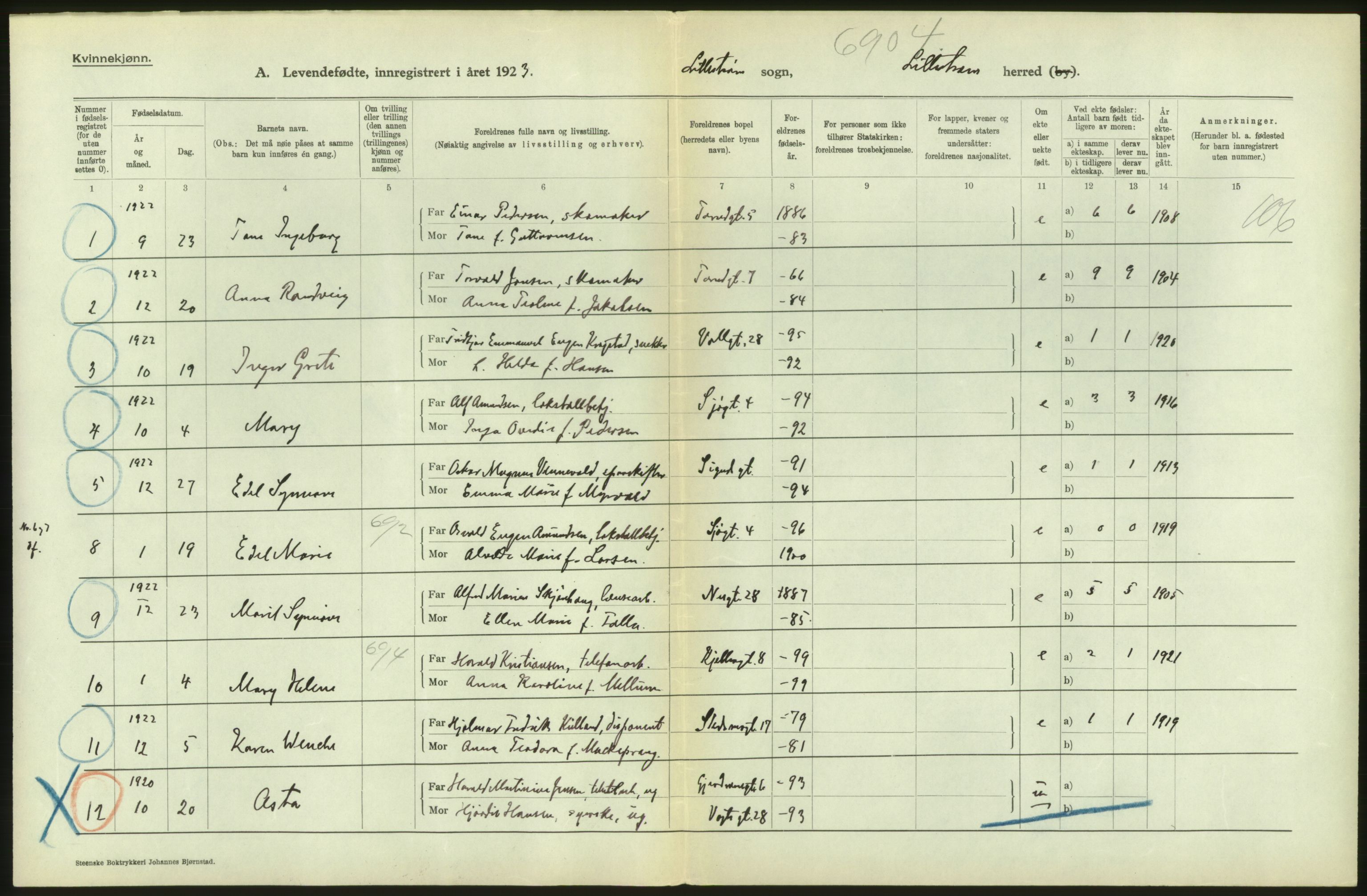 Statistisk sentralbyrå, Sosiodemografiske emner, Befolkning, AV/RA-S-2228/D/Df/Dfc/Dfcc/L0003: Akershus fylke: Levendefødte menn og kvinner. Bygder., 1923, p. 132