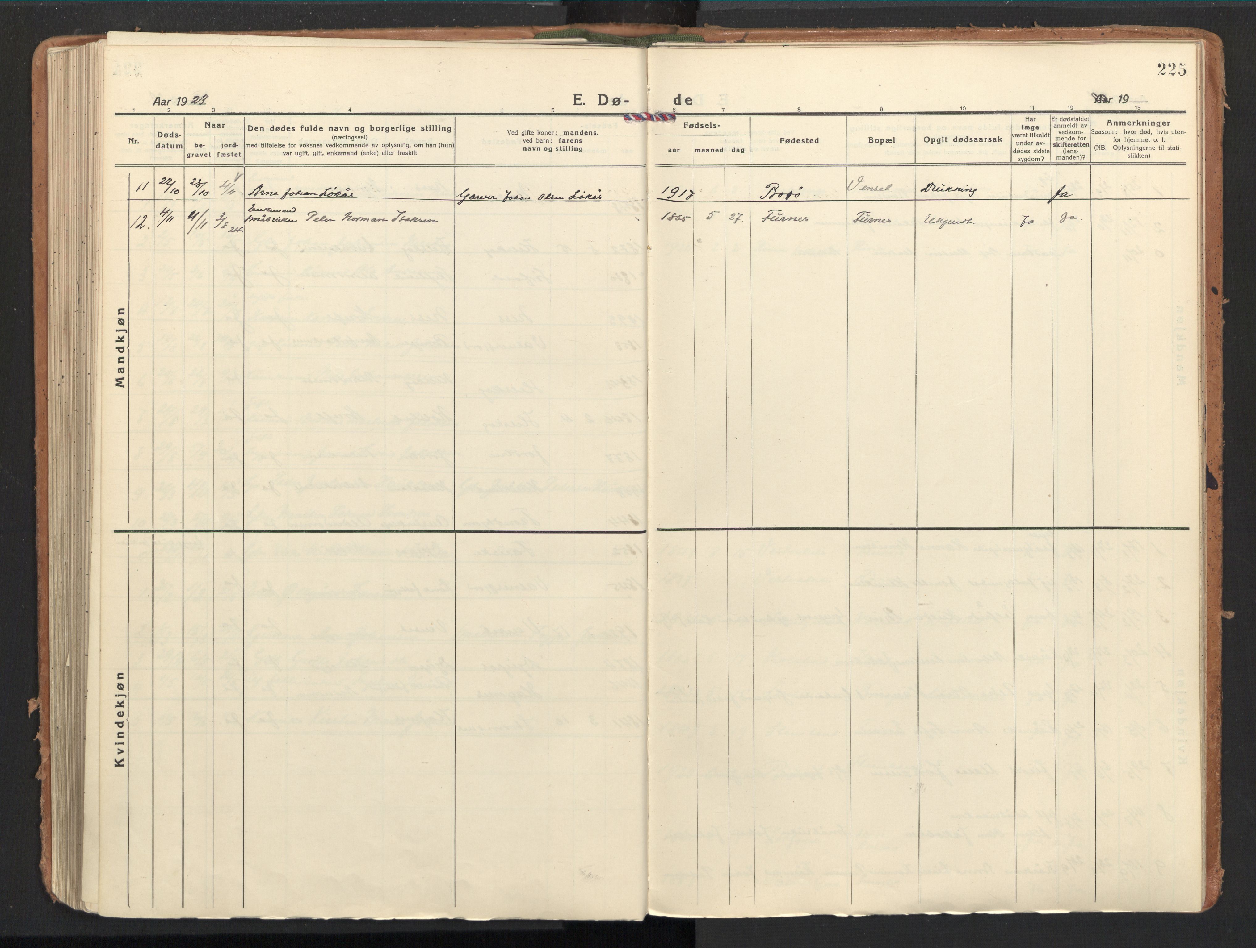 Ministerialprotokoller, klokkerbøker og fødselsregistre - Nordland, AV/SAT-A-1459/851/L0725: Parish register (official) no. 851A02, 1922-1944, p. 225