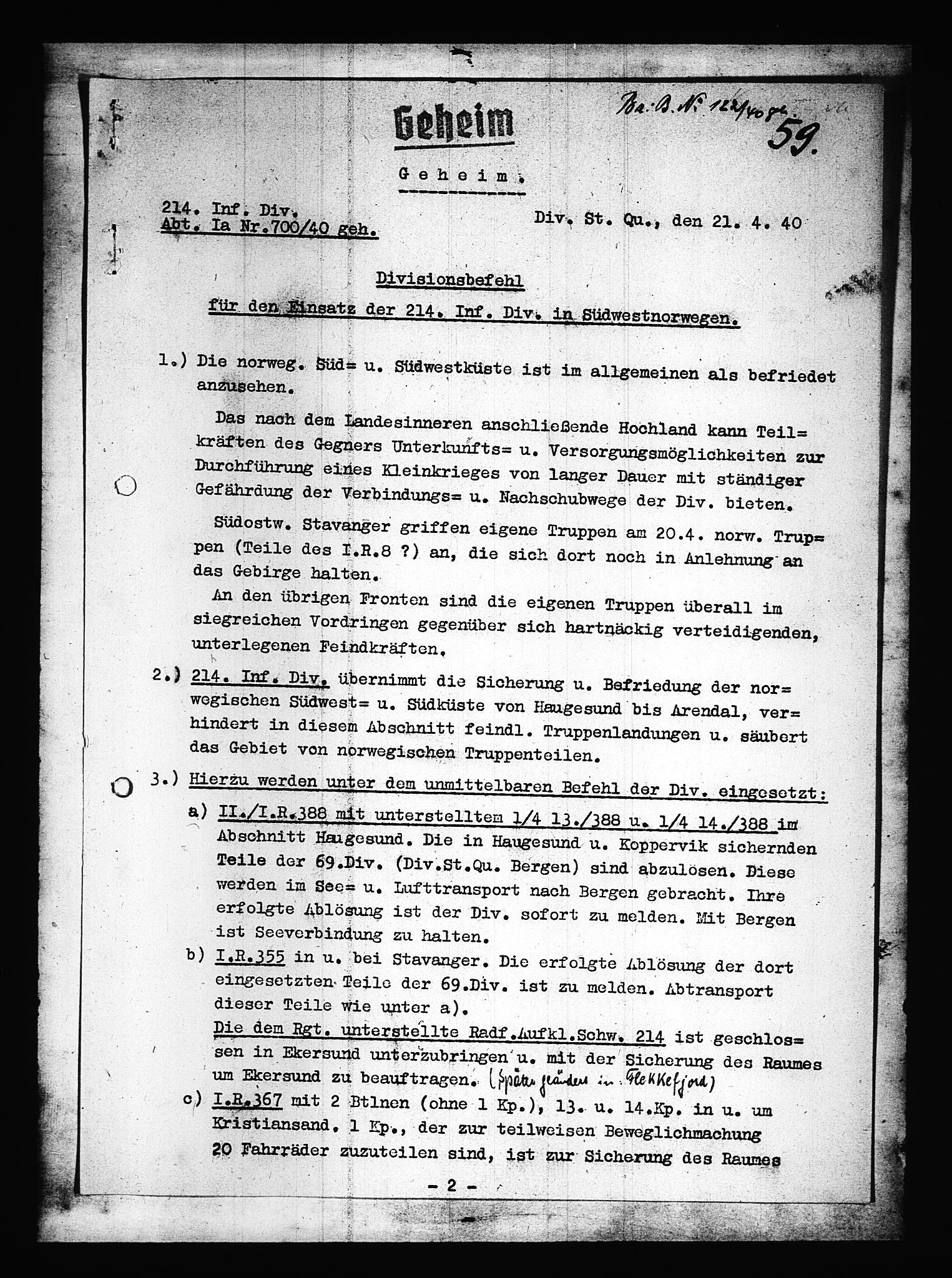 Documents Section, AV/RA-RAFA-2200/V/L0088: Amerikansk mikrofilm "Captured German Documents".
Box No. 727.  FKA jnr. 601/1954., 1939-1940, p. 287