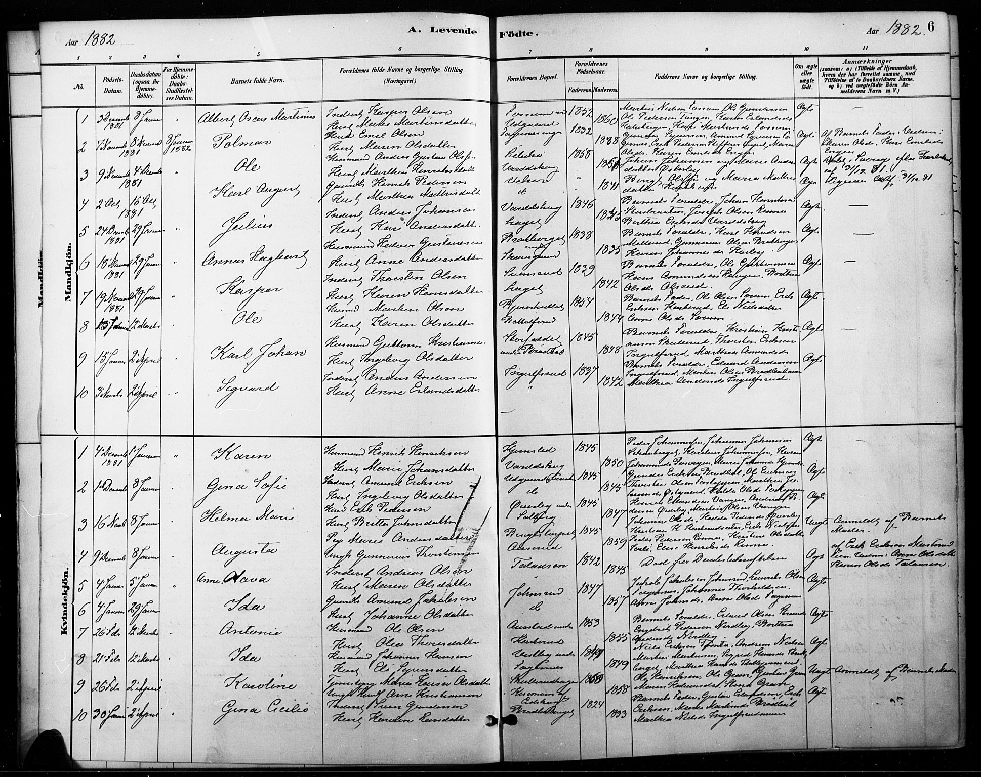 Vinger prestekontor, AV/SAH-PREST-024/H/Ha/Haa/L0015: Parish register (official) no. 15, 1881-1900, p. 6