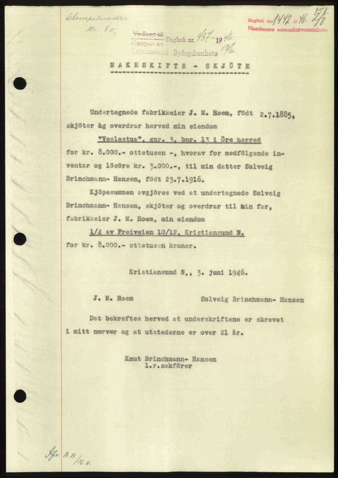 Nordmøre sorenskriveri, AV/SAT-A-4132/1/2/2Ca: Mortgage book no. A102, 1946-1946, Diary no: : 1442/1946