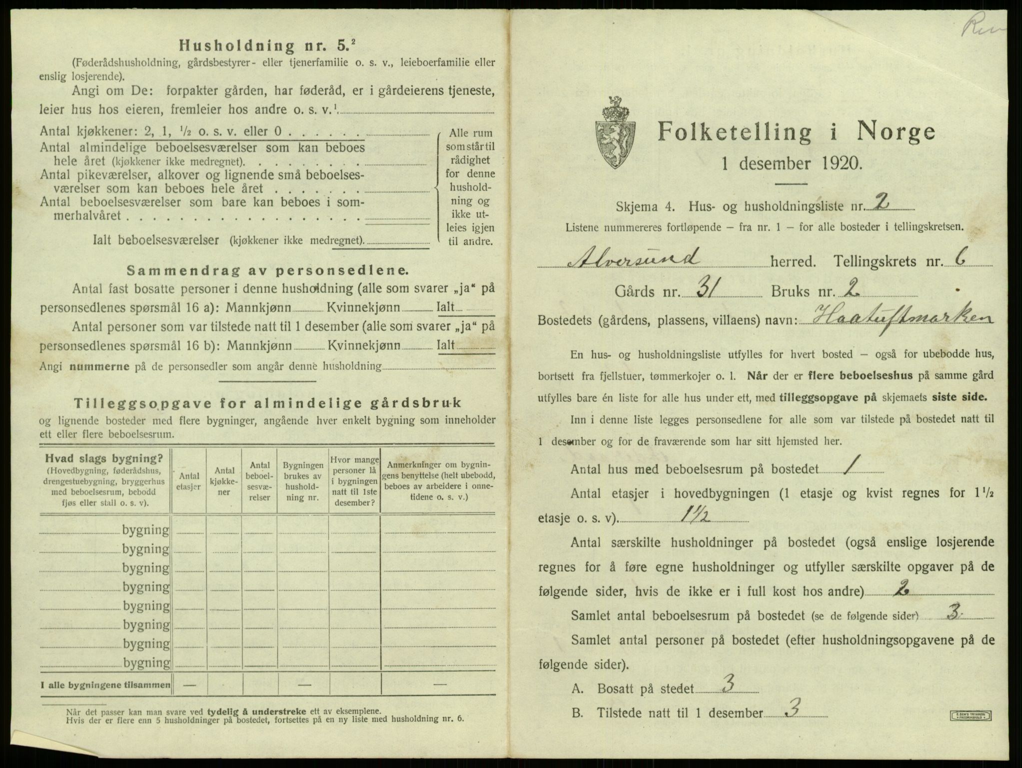 SAB, 1920 census for Alversund, 1920, p. 519