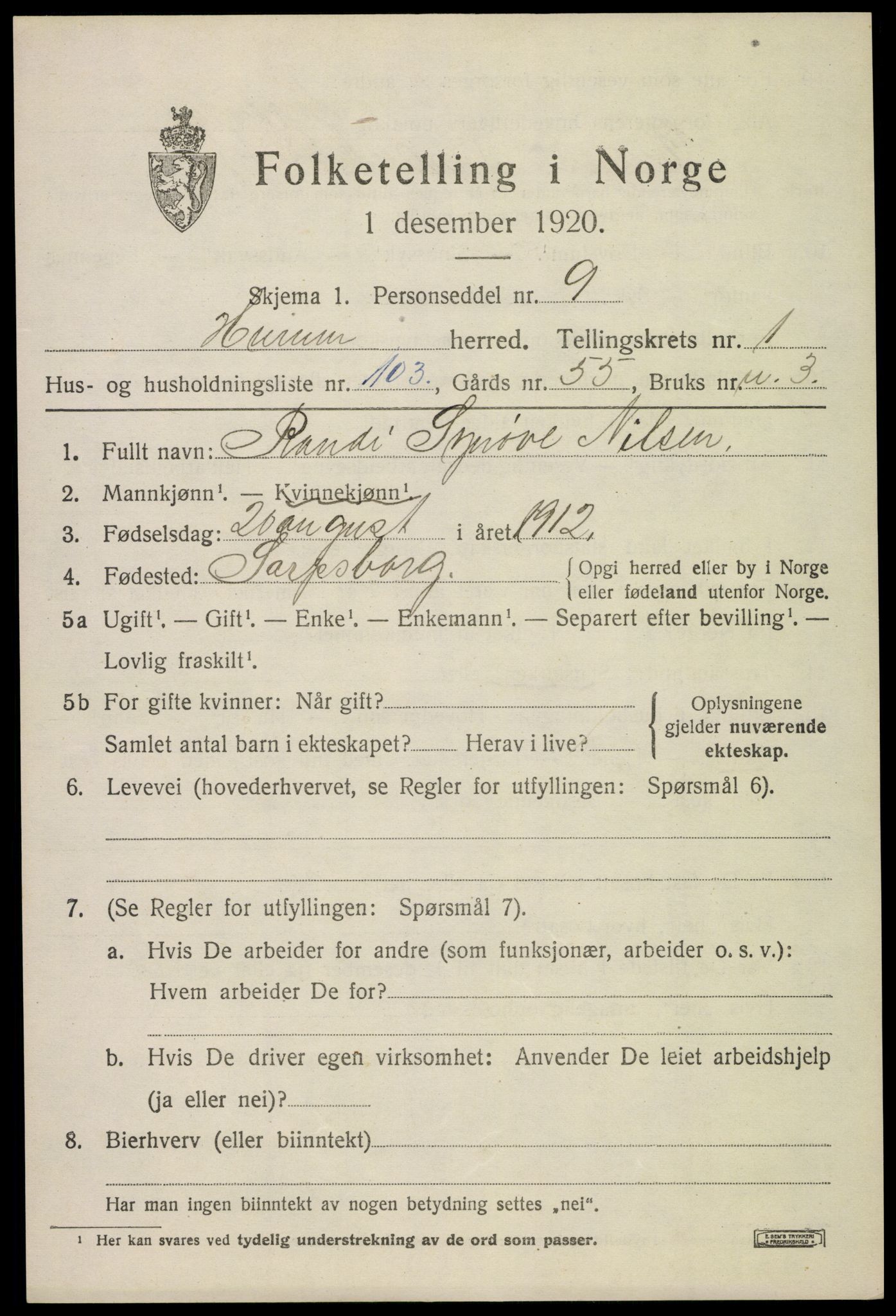 SAKO, 1920 census for Hurum, 1920, p. 3086
