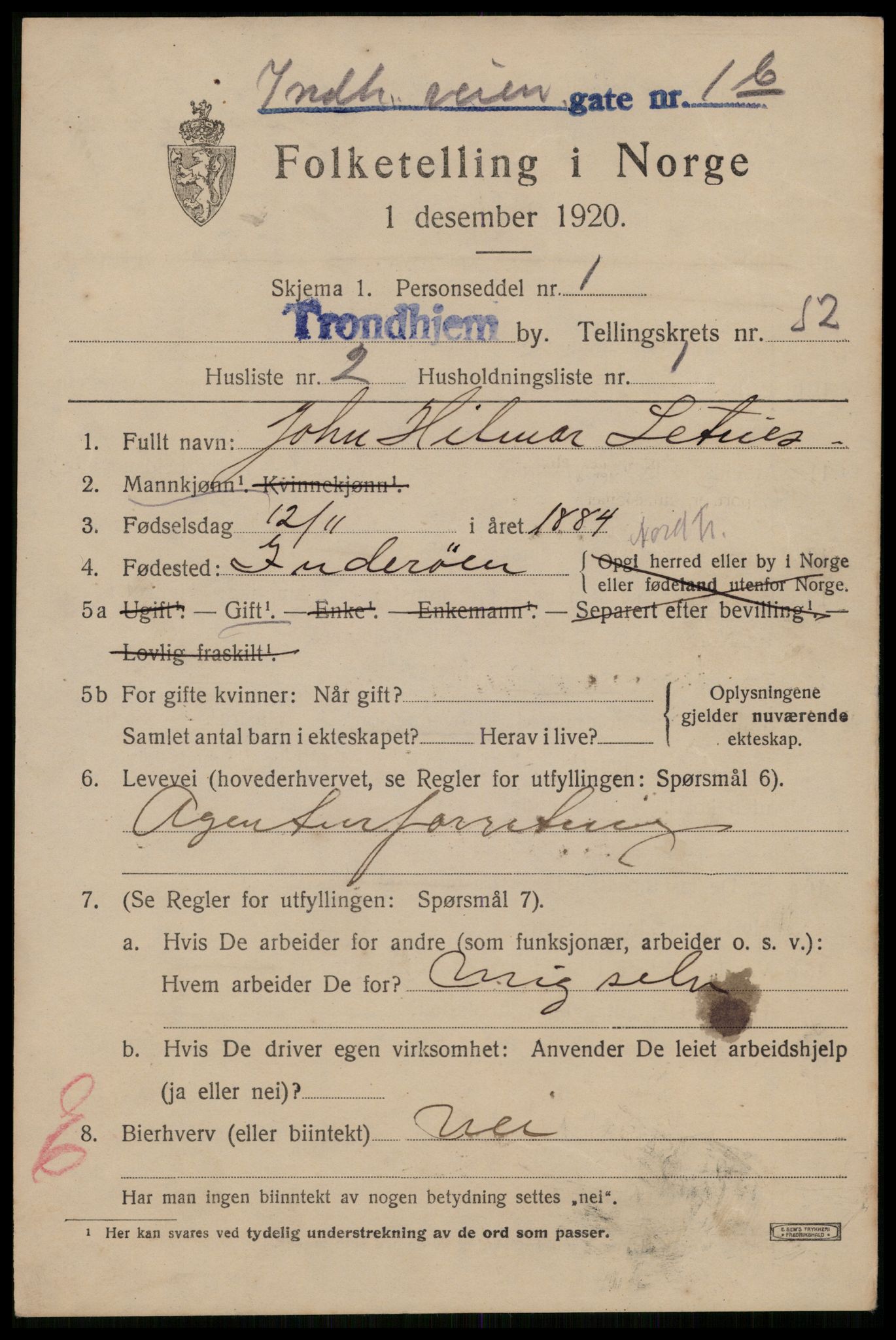 SAT, 1920 census for Trondheim, 1920, p. 106512