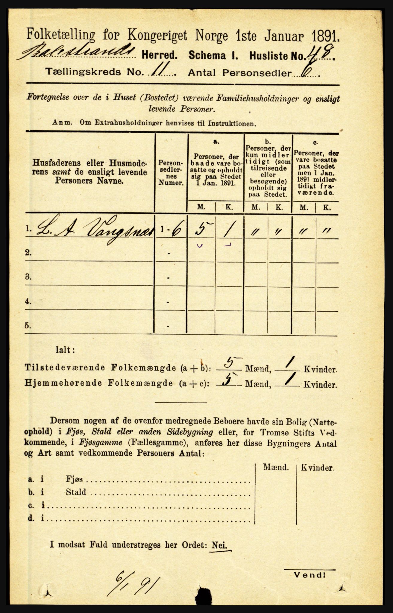 RA, 1891 census for 1418 Balestrand, 1891, p. 2454