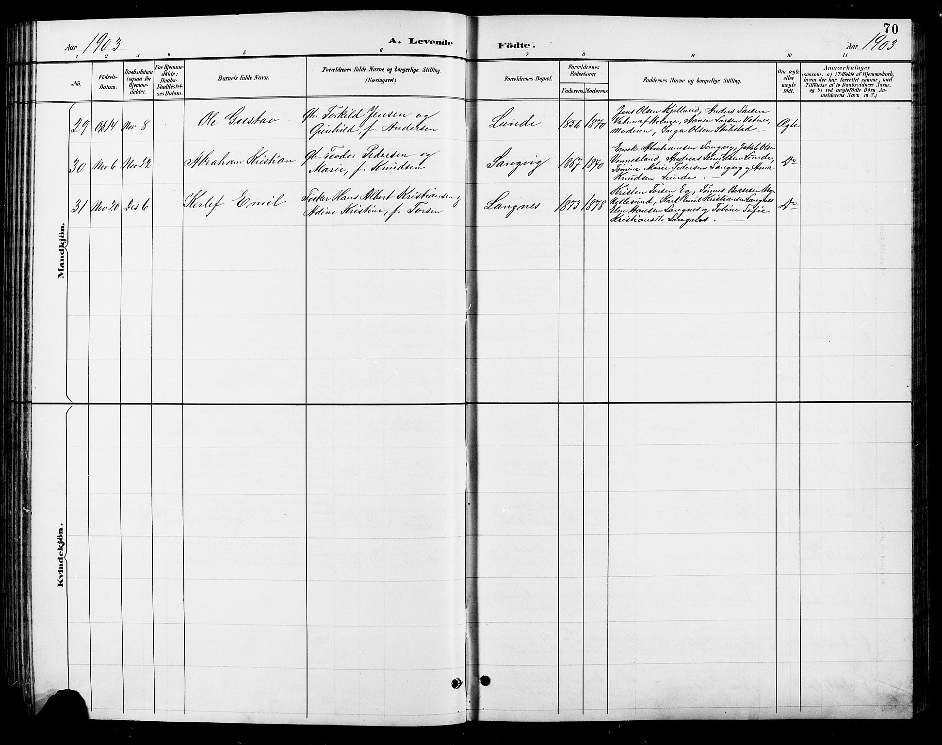 Søgne sokneprestkontor, AV/SAK-1111-0037/F/Fb/Fbb/L0006: Parish register (copy) no. B 6, 1892-1911, p. 70