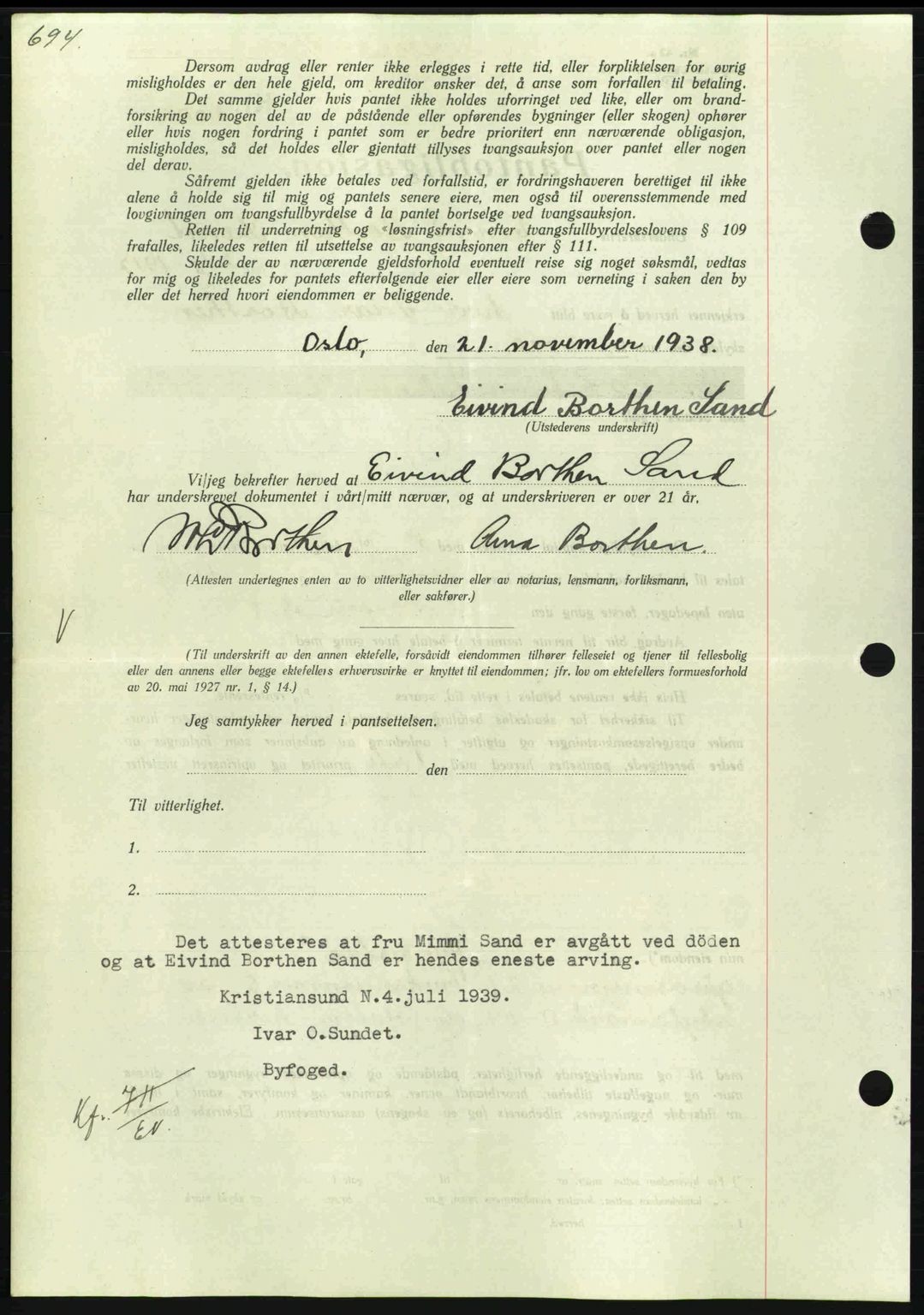 Nordmøre sorenskriveri, AV/SAT-A-4132/1/2/2Ca: Mortgage book no. B85, 1939-1939, Diary no: : 1930/1939