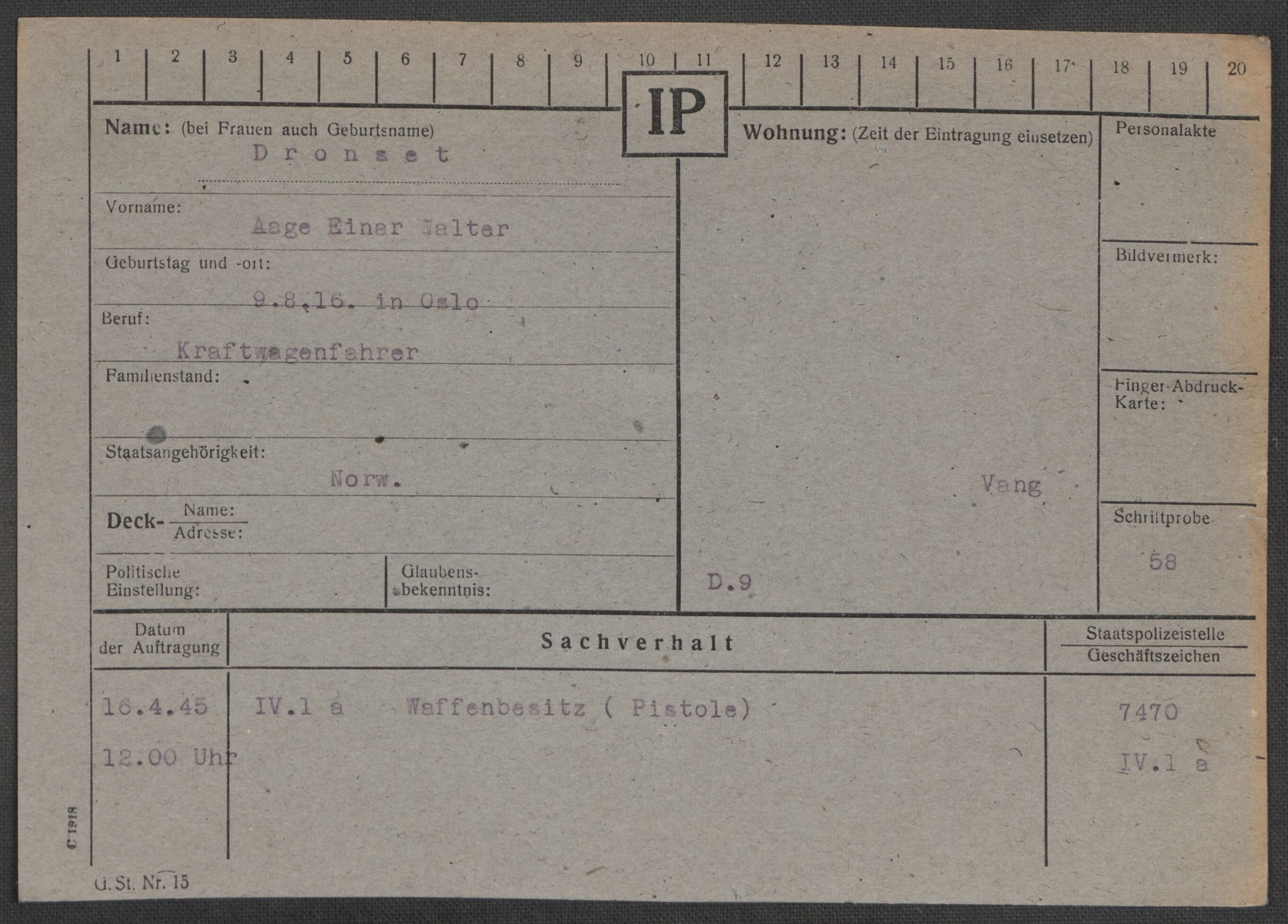 Befehlshaber der Sicherheitspolizei und des SD, AV/RA-RAFA-5969/E/Ea/Eaa/L0002: Register over norske fanger i Møllergata 19: Bj-Eng, 1940-1945, p. 1087