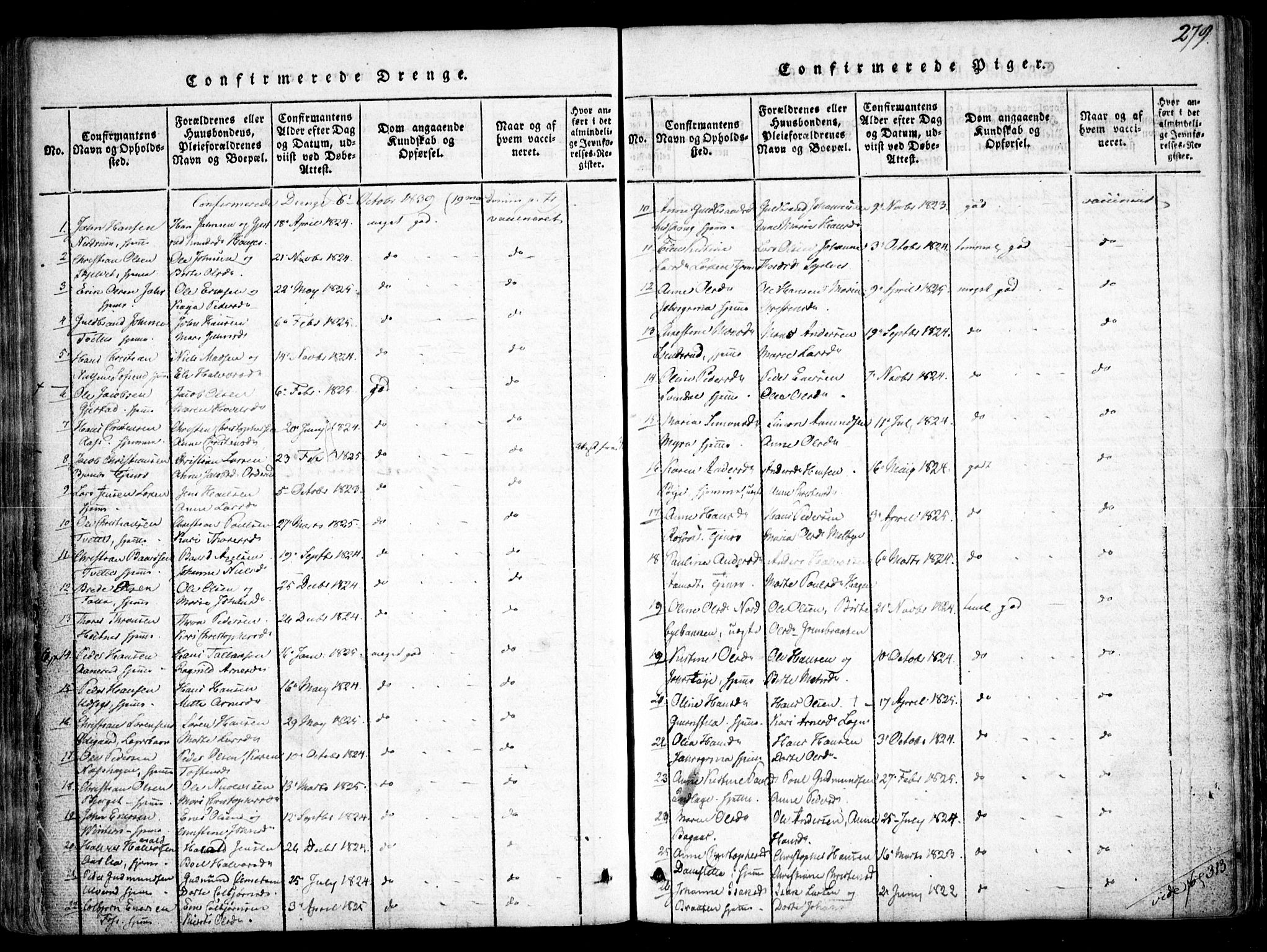 Fet prestekontor Kirkebøker, SAO/A-10370a/F/Fa/L0008: Parish register (official) no. I 8, 1815-1842, p. 279