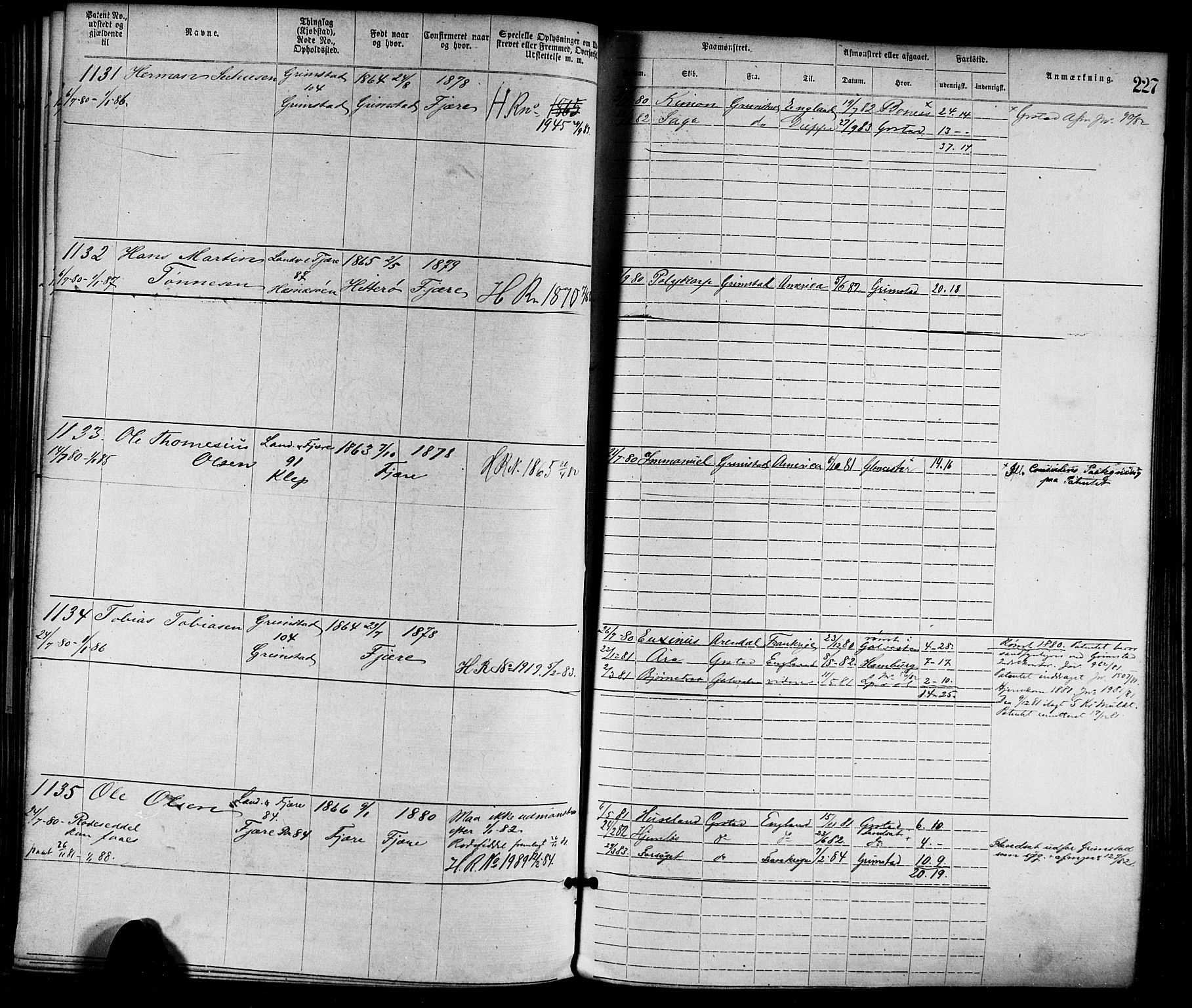Grimstad mønstringskrets, SAK/2031-0013/F/Fa/L0001: Annotasjonsrulle nr 1-1920 med register, F-1, 1870-1892, p. 256