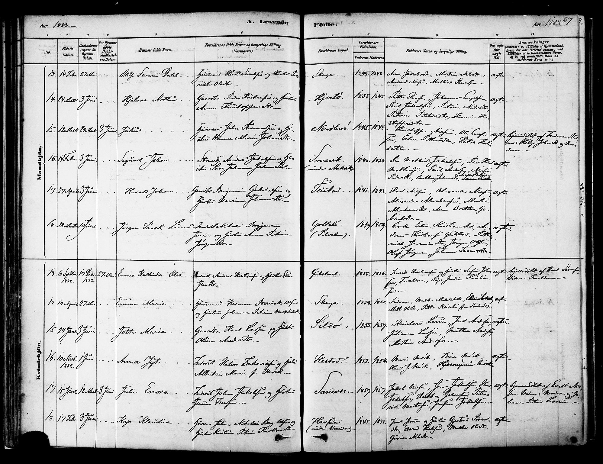 Ministerialprotokoller, klokkerbøker og fødselsregistre - Nordland, AV/SAT-A-1459/834/L0507: Parish register (official) no. 834A05, 1878-1892, p. 67