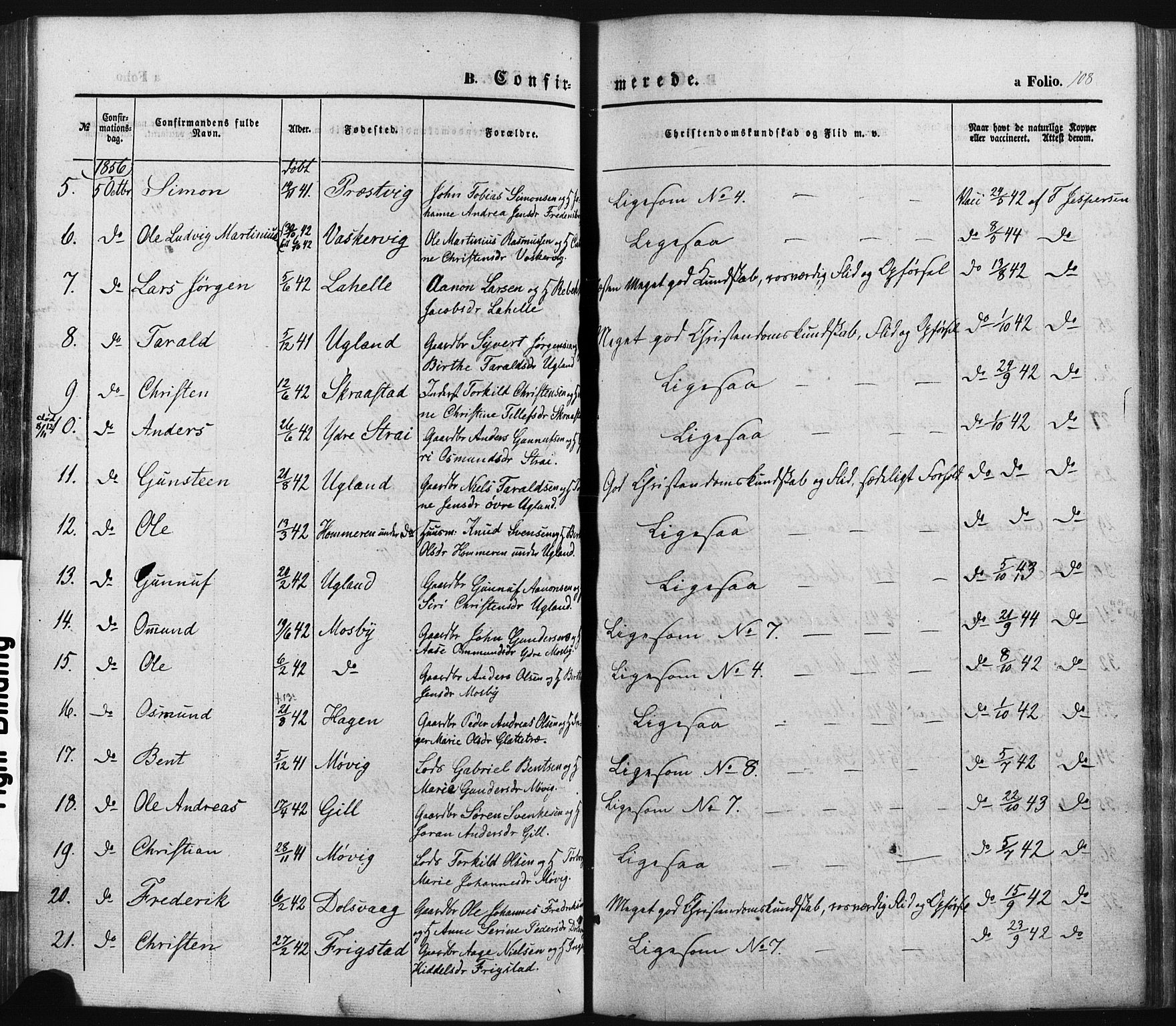 Oddernes sokneprestkontor, SAK/1111-0033/F/Fa/Faa/L0007: Parish register (official) no. A 7, 1851-1863, p. 108