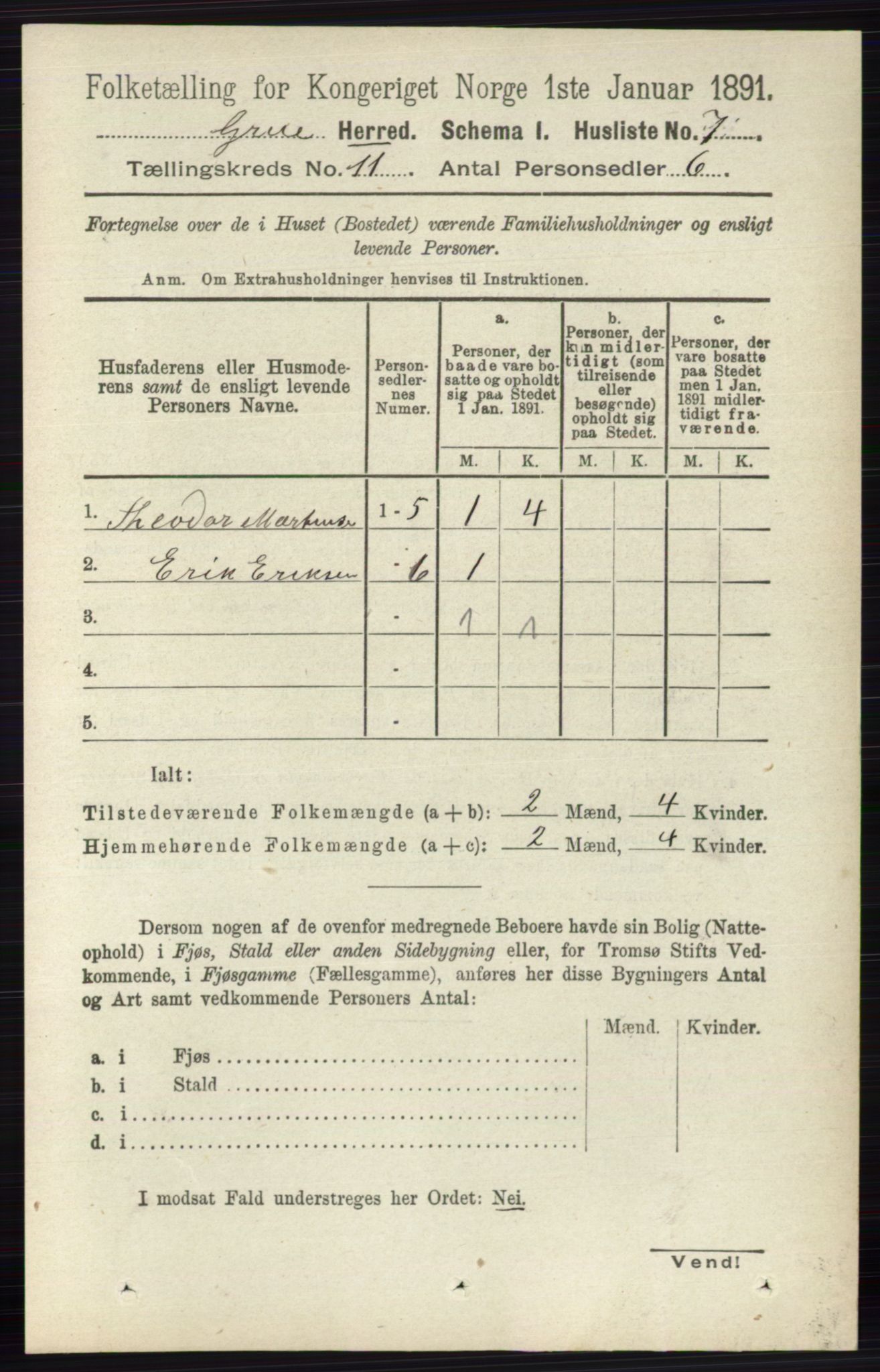 RA, 1891 census for 0423 Grue, 1891, p. 5822