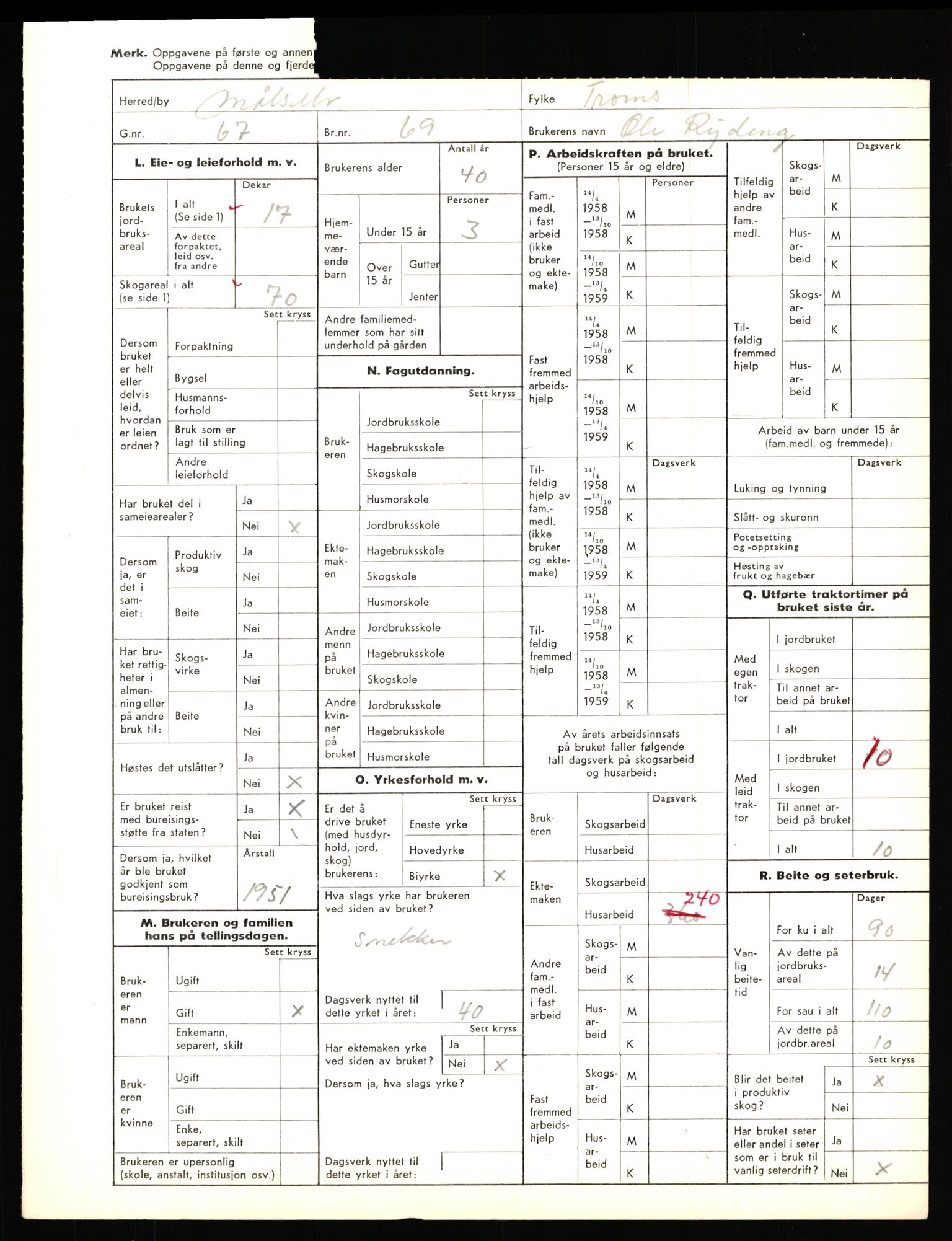 Statistisk sentralbyrå, Næringsøkonomiske emner, Jordbruk, skogbruk, jakt, fiske og fangst, AV/RA-S-2234/G/Gd/L0656: Troms: 1924 Målselv (kl. 0-3) og 1925 Sørreisa, 1959, p. 315