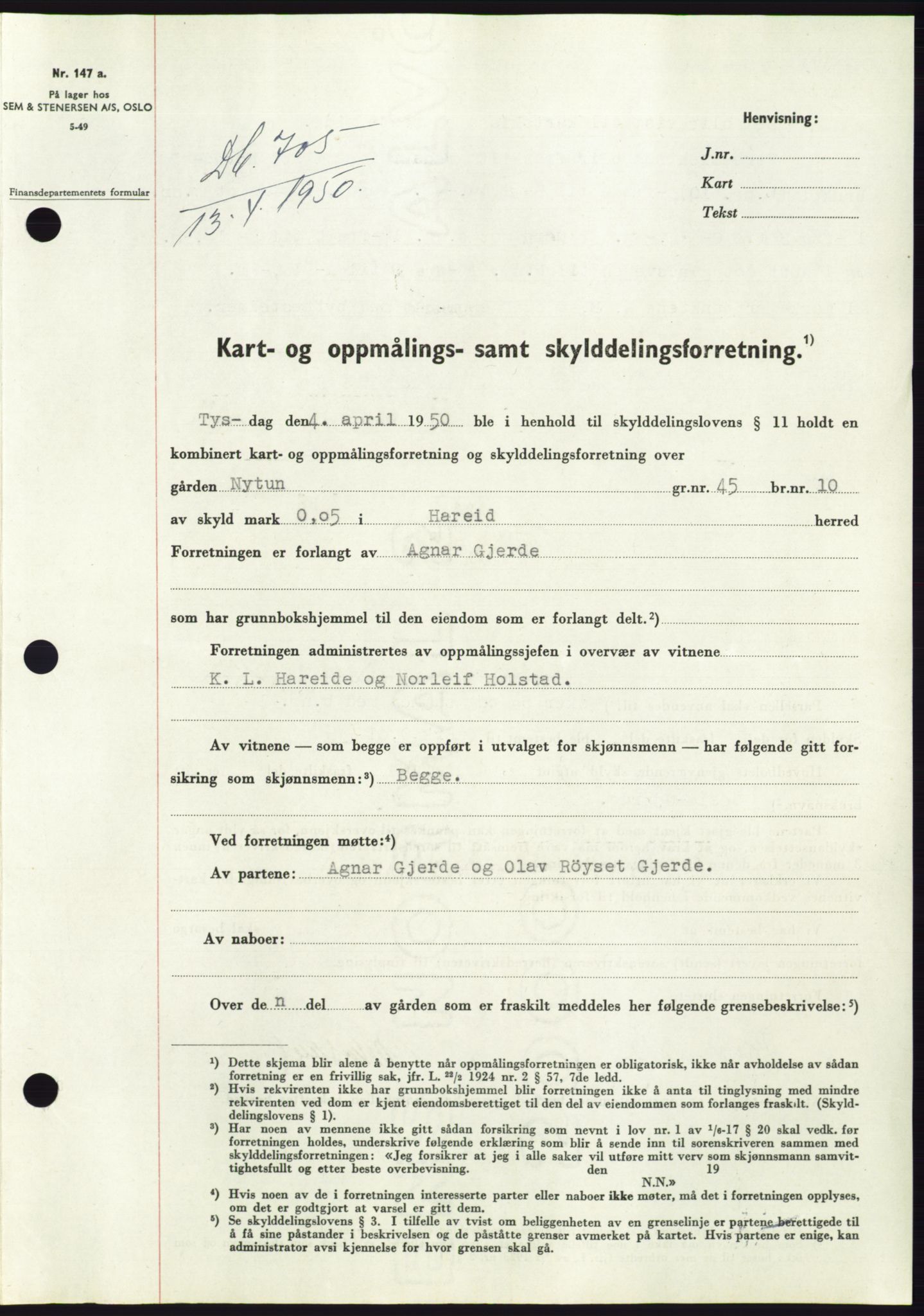 Søre Sunnmøre sorenskriveri, AV/SAT-A-4122/1/2/2C/L0086: Mortgage book no. 12A, 1949-1950, Diary no: : 705/1950