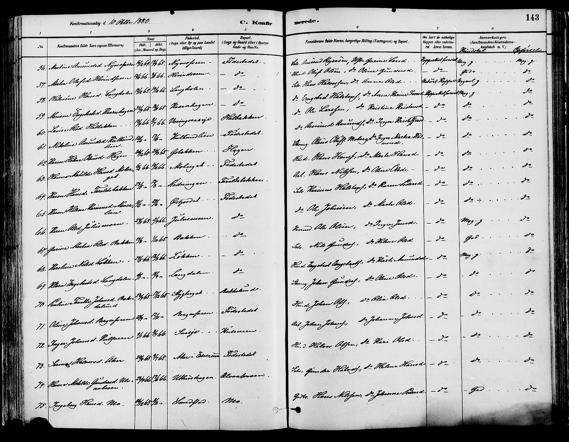 Elverum prestekontor, AV/SAH-PREST-044/H/Ha/Haa/L0013: Parish register (official) no. 13, 1880-1890, p. 143