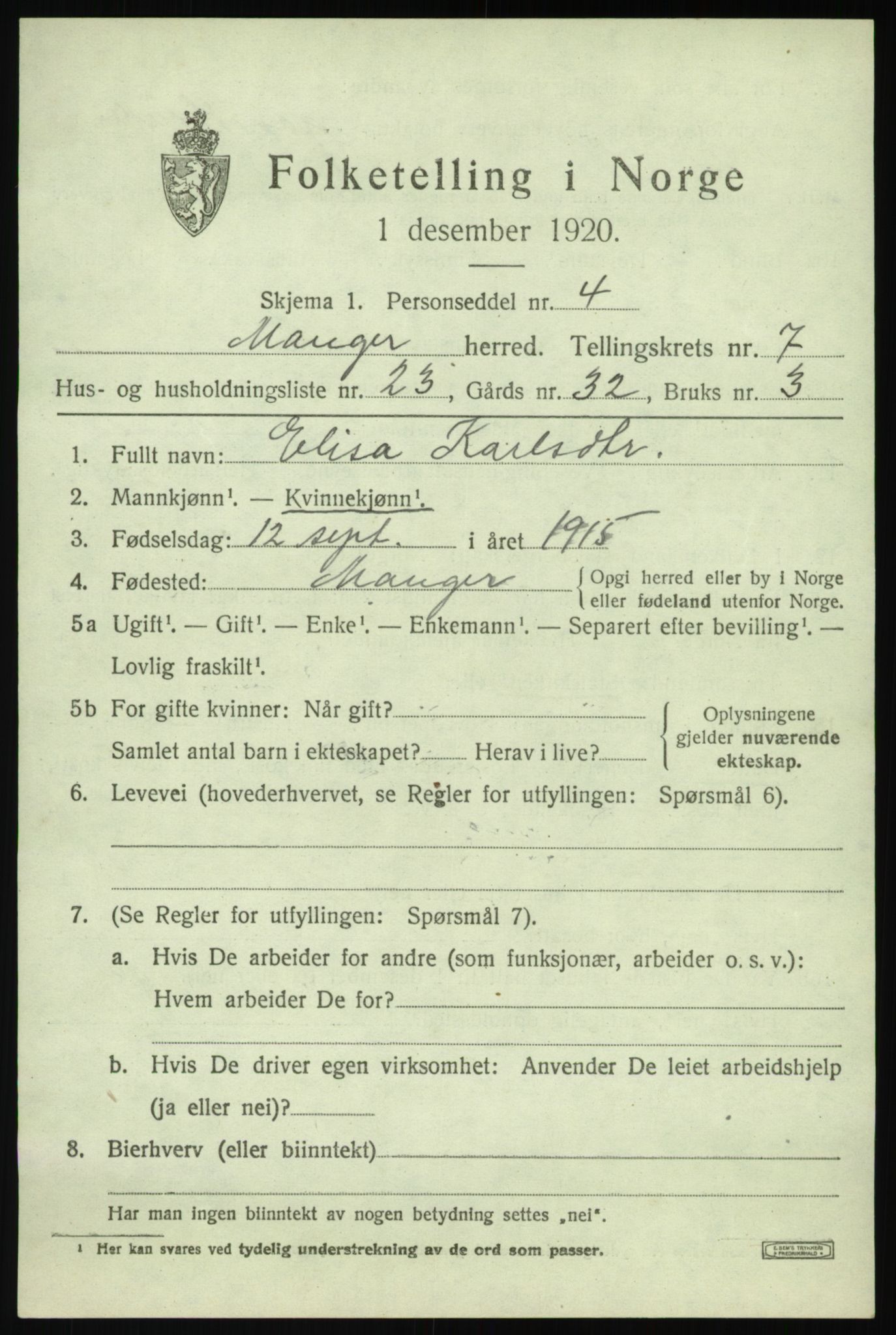 SAB, 1920 census for Manger, 1920, p. 4637