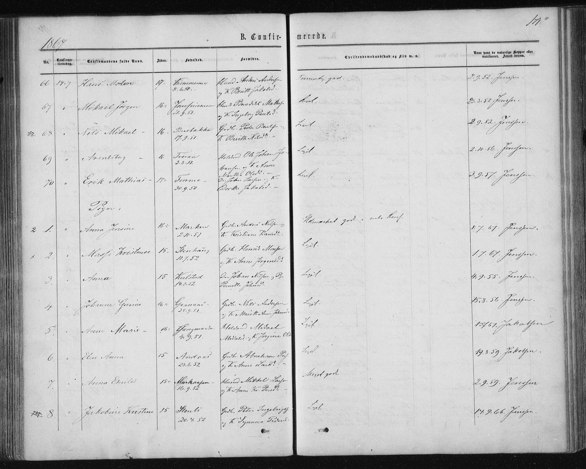 Ministerialprotokoller, klokkerbøker og fødselsregistre - Nordland, SAT/A-1459/820/L0294: Parish register (official) no. 820A15, 1866-1879, p. 171