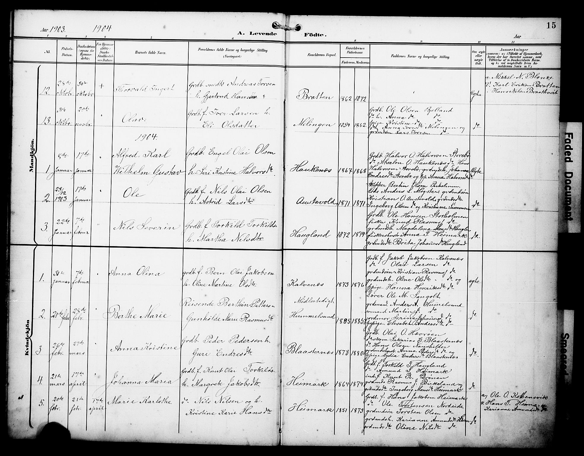 Austevoll Sokneprestembete, SAB/A-74201/H/Hab: Parish register (copy) no. A 4, 1901-1912, p. 15
