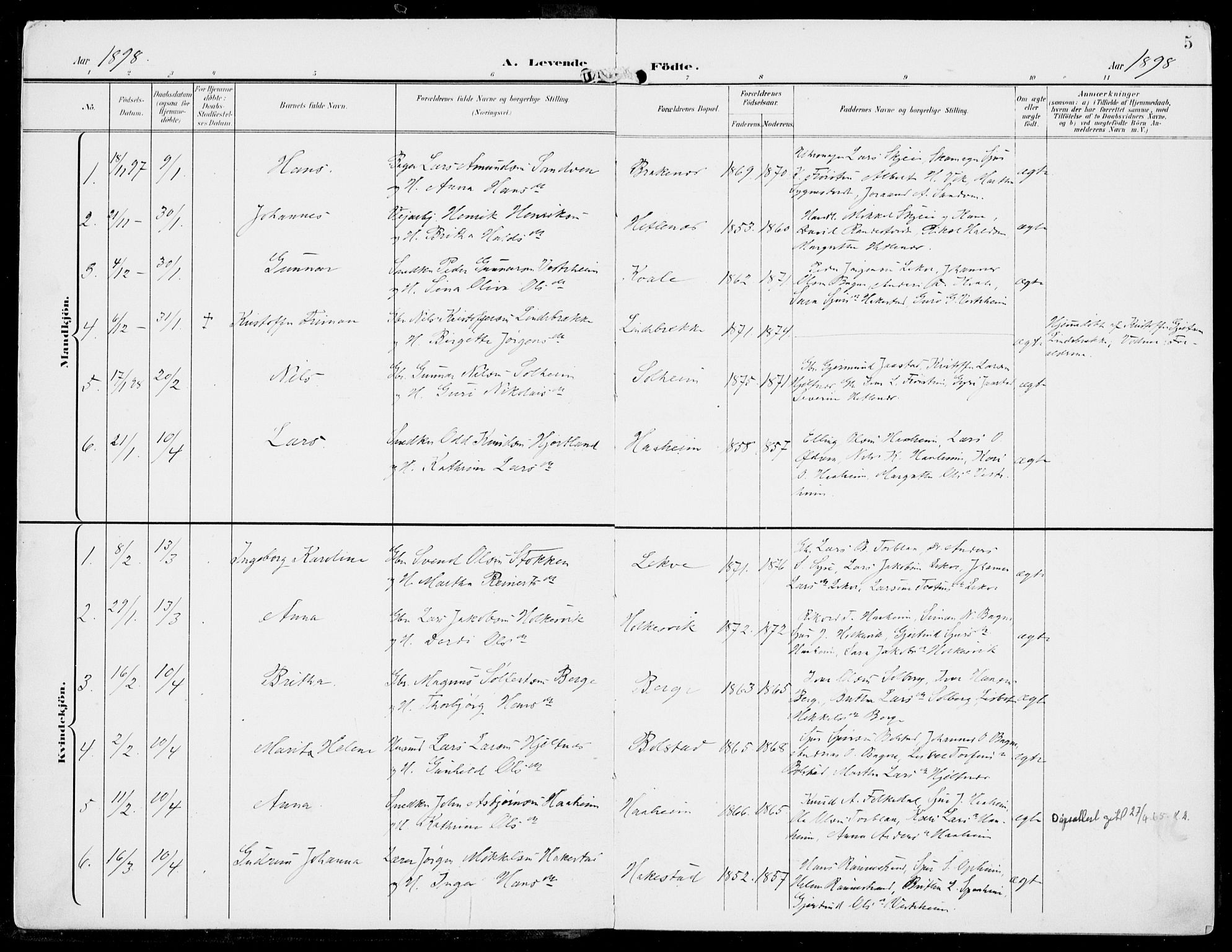Ulvik sokneprestembete, SAB/A-78801/H/Haa: Parish register (official) no. B  2, 1898-1924, p. 5