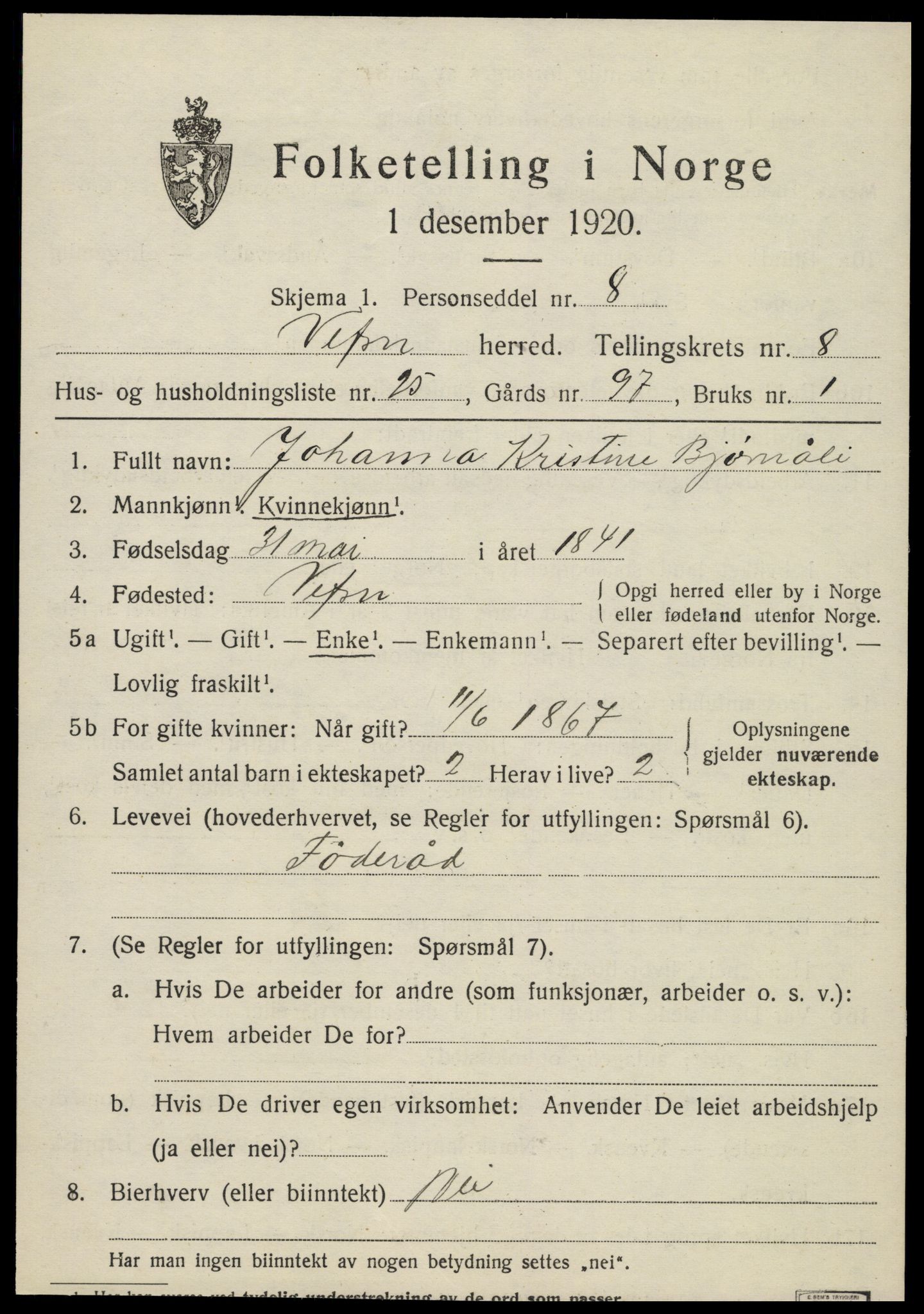 SAT, 1920 census for Vefsn, 1920, p. 5673