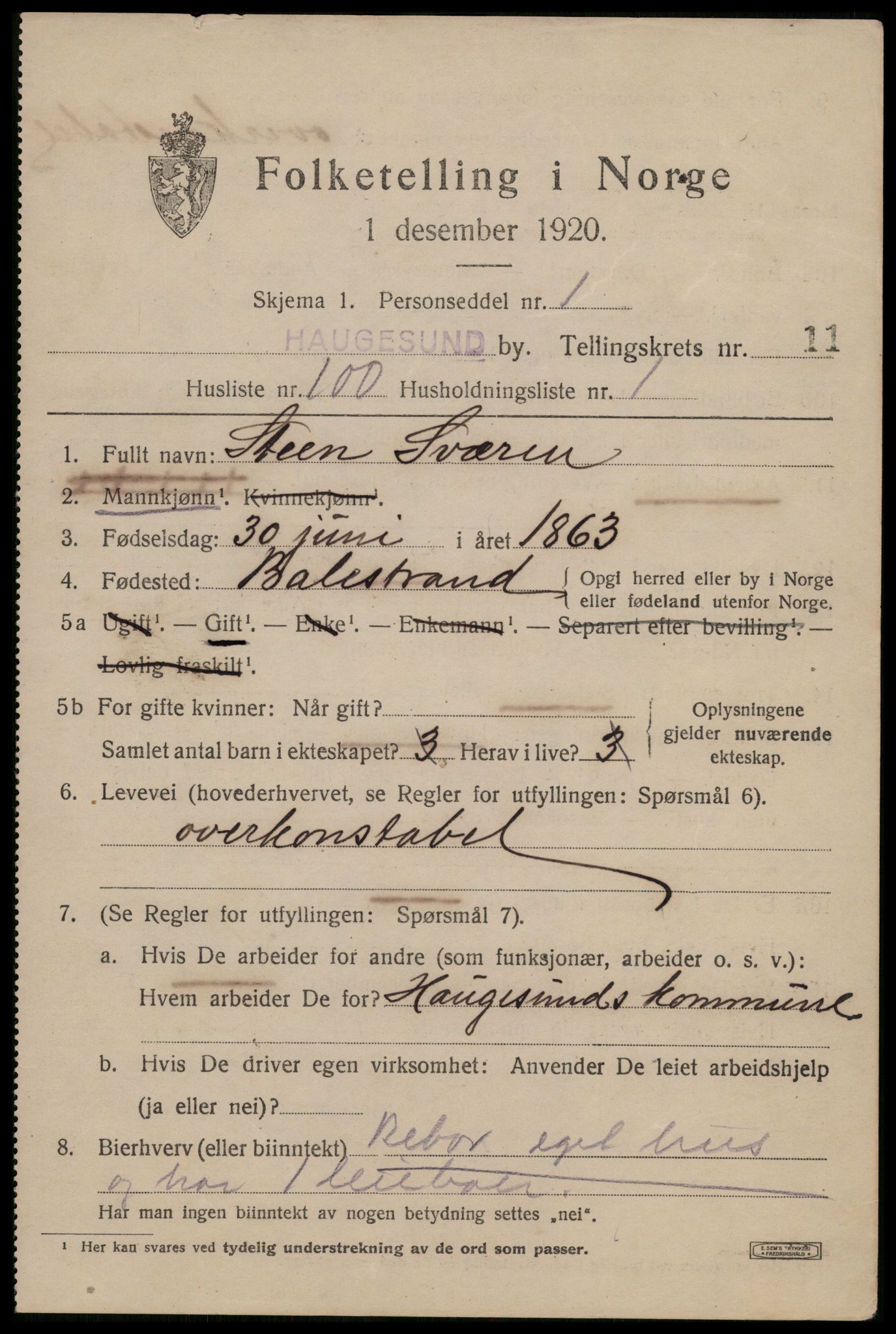 SAST, 1920 census for Haugesund, 1920, p. 37965