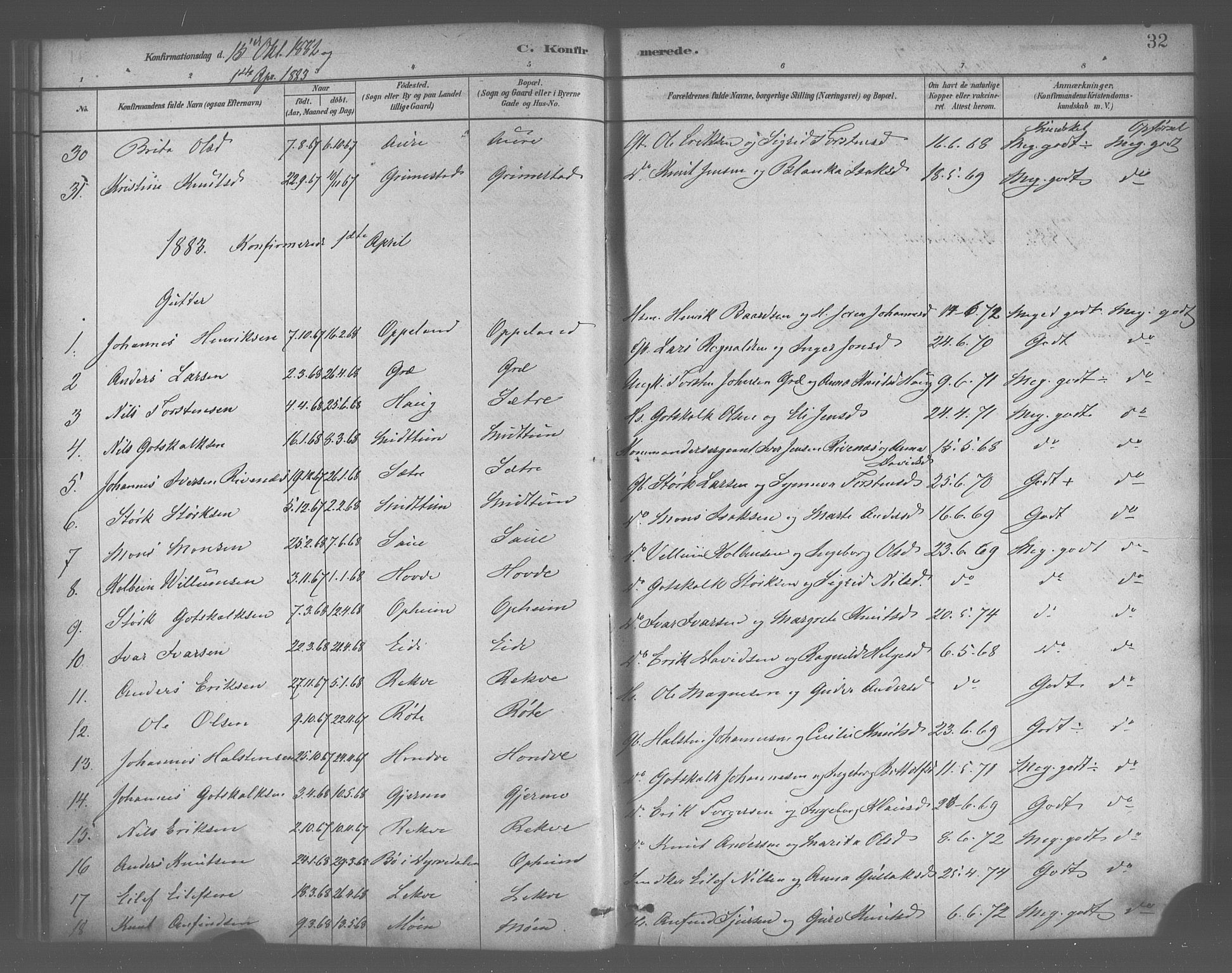 Voss sokneprestembete, SAB/A-79001/H/Haa: Parish register (official) no. B 1, 1877-1899, p. 32