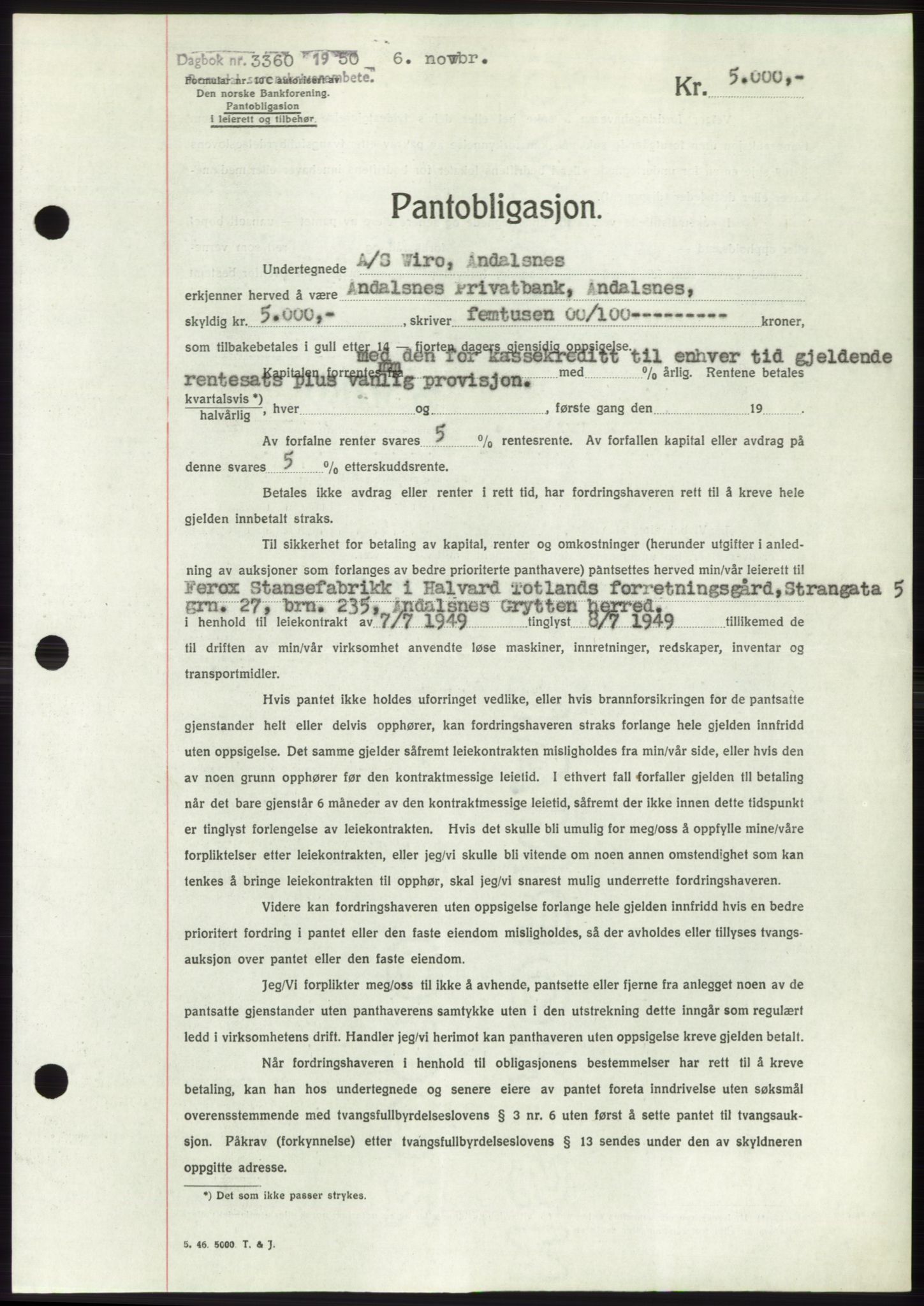 Romsdal sorenskriveri, AV/SAT-A-4149/1/2/2C: Mortgage book no. B5, 1949-1950, Diary no: : 3360/1950