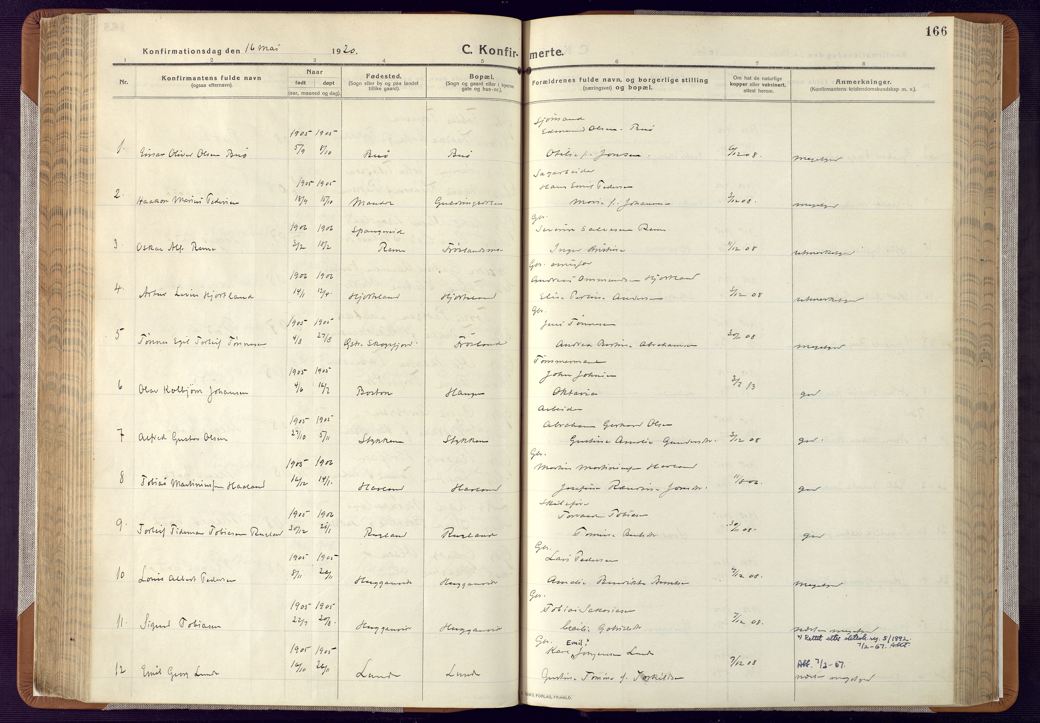 Mandal sokneprestkontor, SAK/1111-0030/F/Fa/Faa/L0022: Parish register (official) no. A 22, 1913-1925, p. 166
