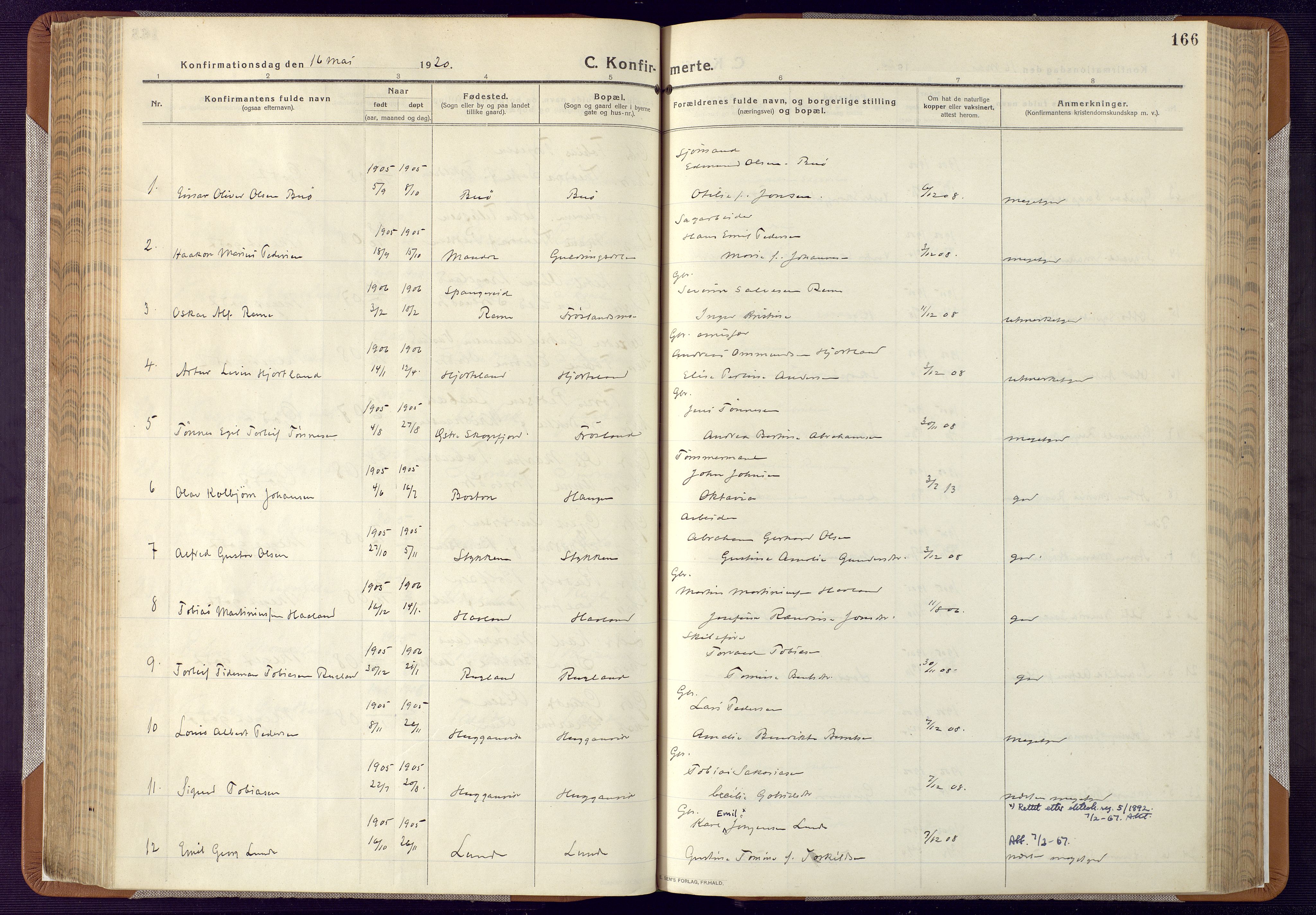 Mandal sokneprestkontor, AV/SAK-1111-0030/F/Fa/Faa/L0022: Parish register (official) no. A 22, 1913-1925, p. 166