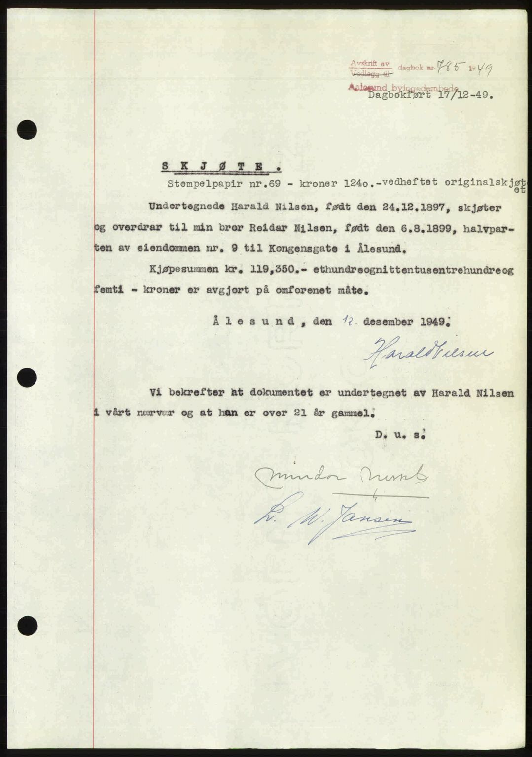 Ålesund byfogd, AV/SAT-A-4384: Mortgage book no. 37A (2), 1949-1950, Diary no: : 785/1949