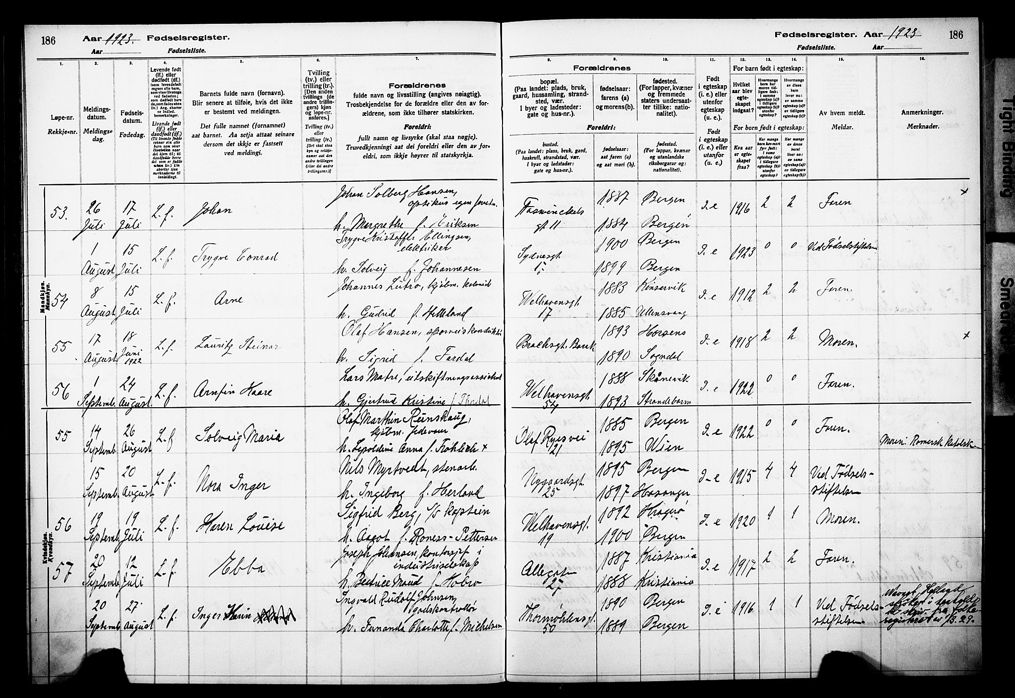 Johanneskirken sokneprestembete, AV/SAB-A-76001/I/Id/L00A1: Birth register no. A 1, 1916-1924, p. 186