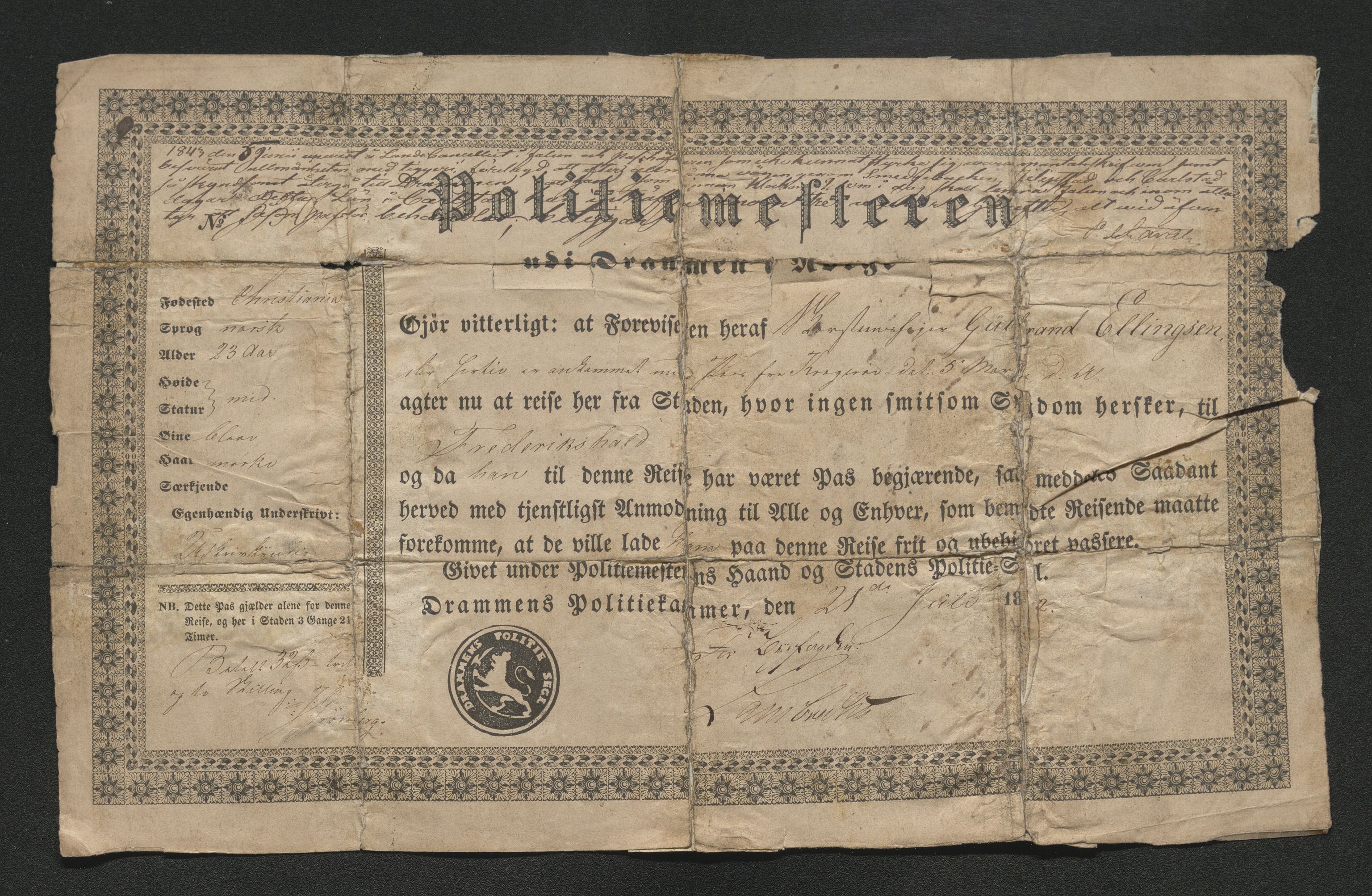 Drammen politikammer, SAKO/A-623/I/Ia/Iab/L0007: Innleverte pass, 1843-1844, p. 311