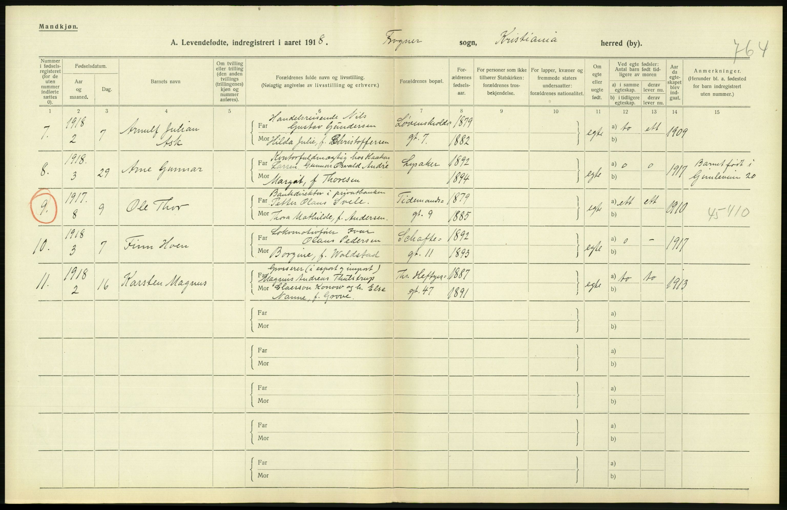 Statistisk sentralbyrå, Sosiodemografiske emner, Befolkning, AV/RA-S-2228/D/Df/Dfb/Dfbh/L0008: Kristiania: Levendefødte menn og kvinner., 1918, p. 682