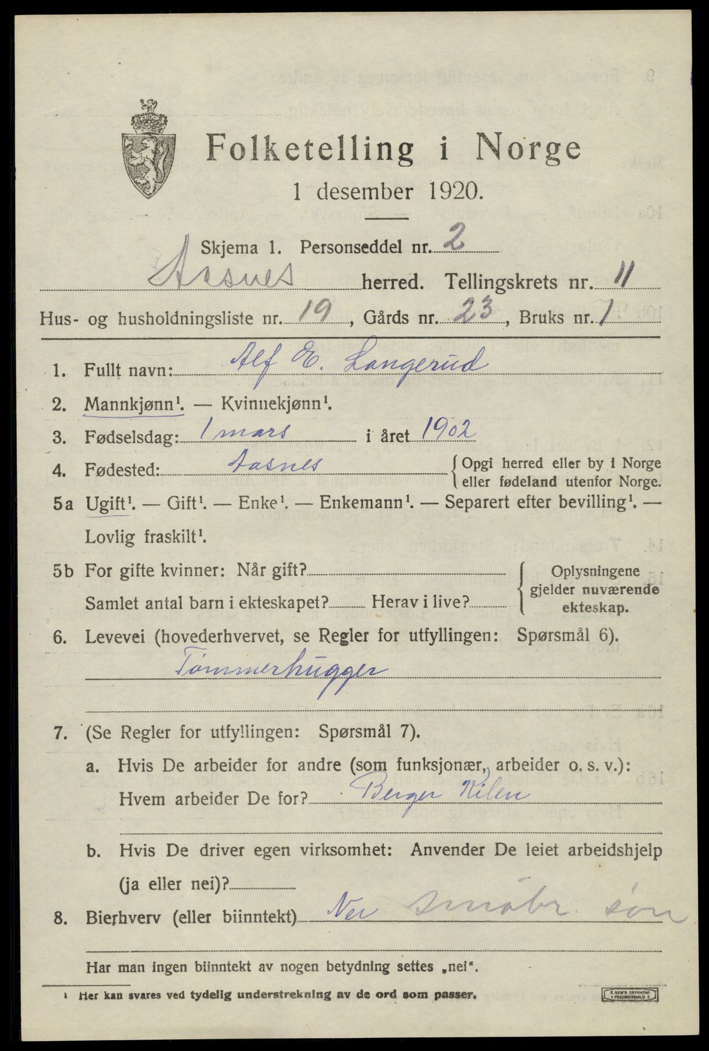 SAH, 1920 census for Åsnes, 1920, p. 11718