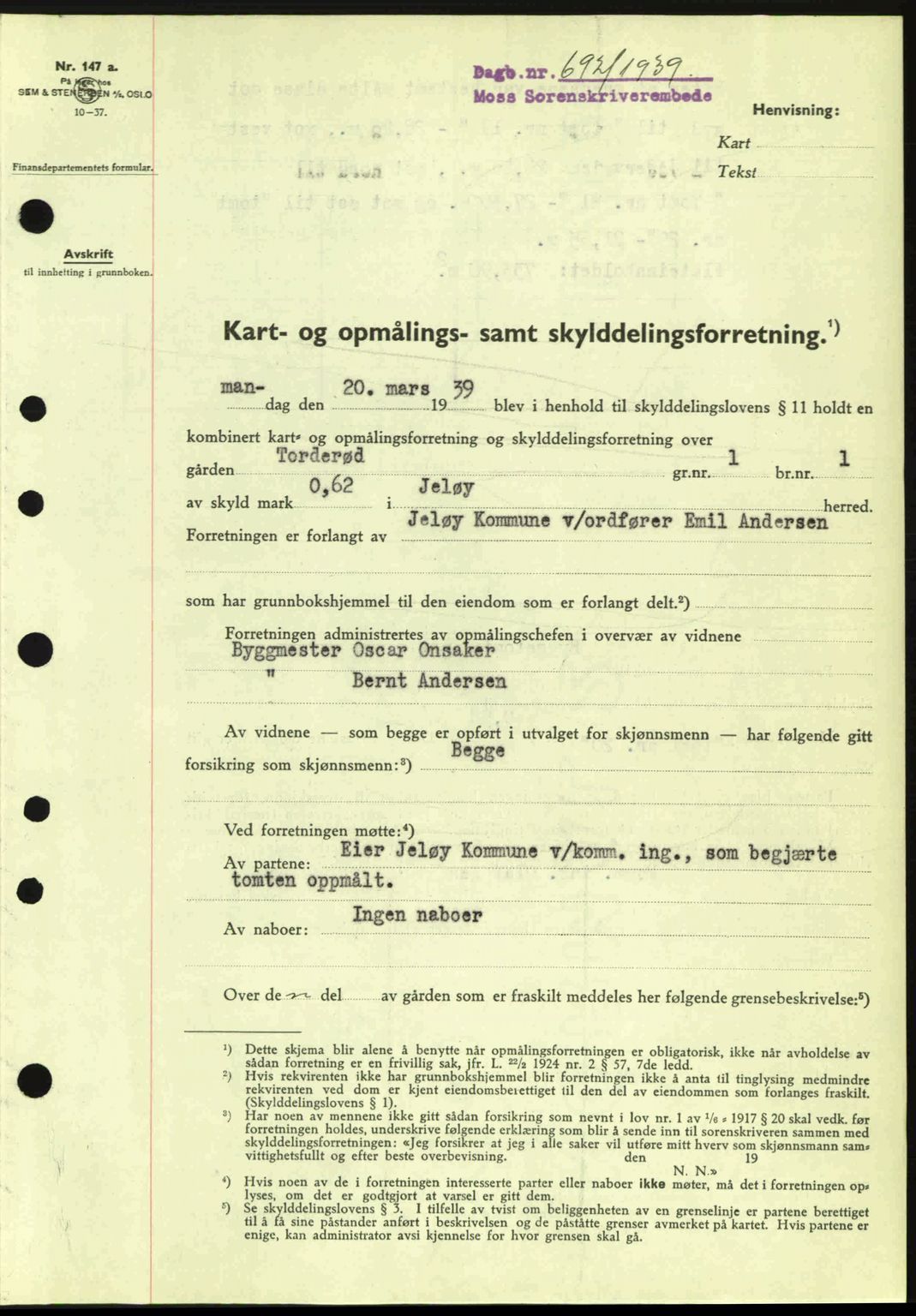 Moss sorenskriveri, SAO/A-10168: Mortgage book no. A5, 1938-1939, Diary no: : 692/1939