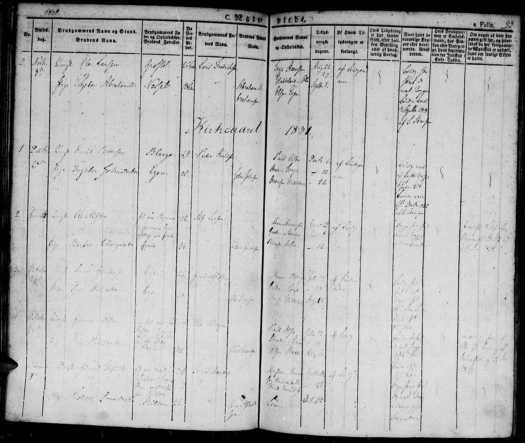 Hægebostad sokneprestkontor, AV/SAK-1111-0024/F/Fa/Fab/L0001: Parish register (official) no. A 1, 1823-1867, p. 93