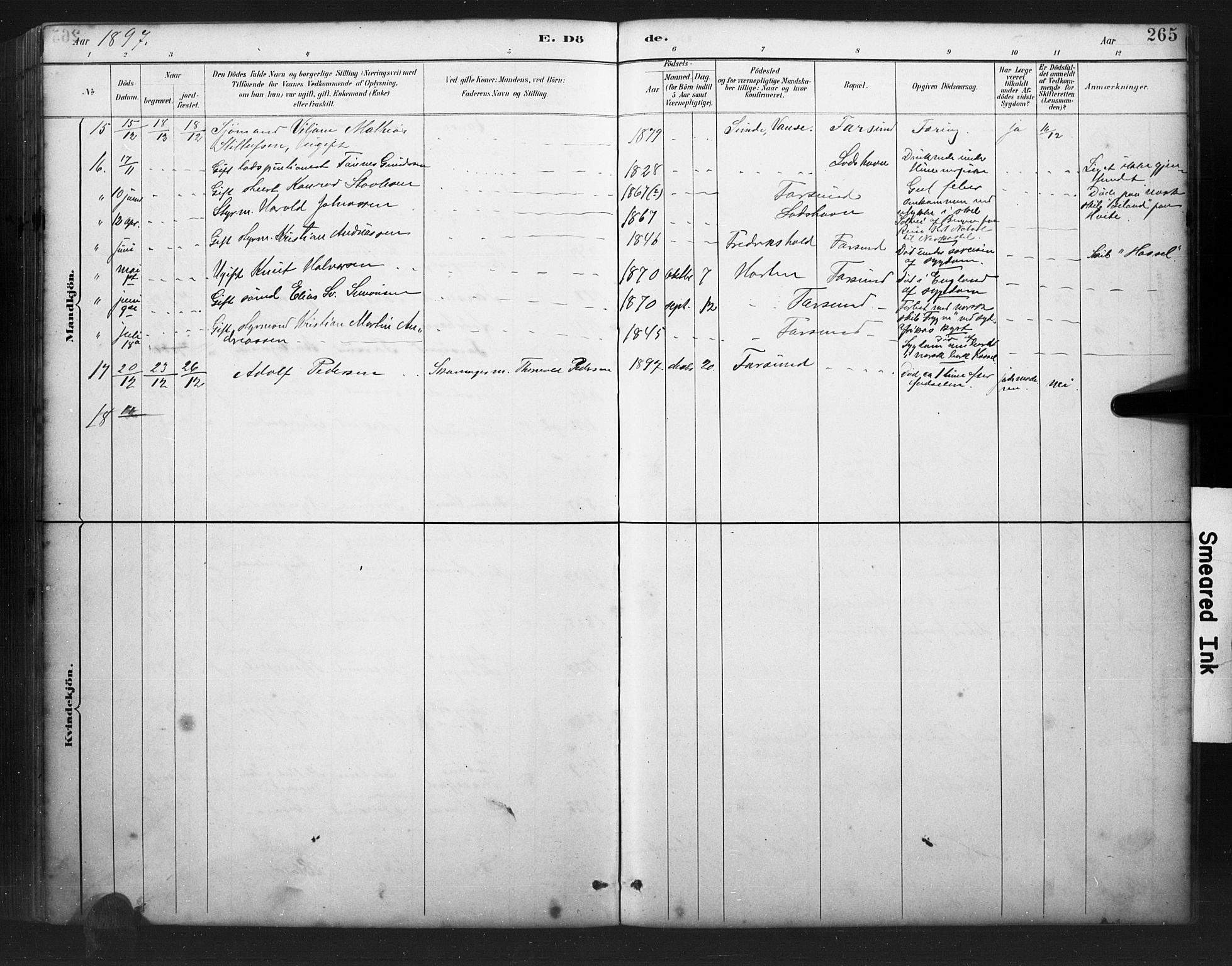 Farsund sokneprestkontor, AV/SAK-1111-0009/F/Fb/L0001: Parish register (copy) no. B 1, 1886-1931, p. 265