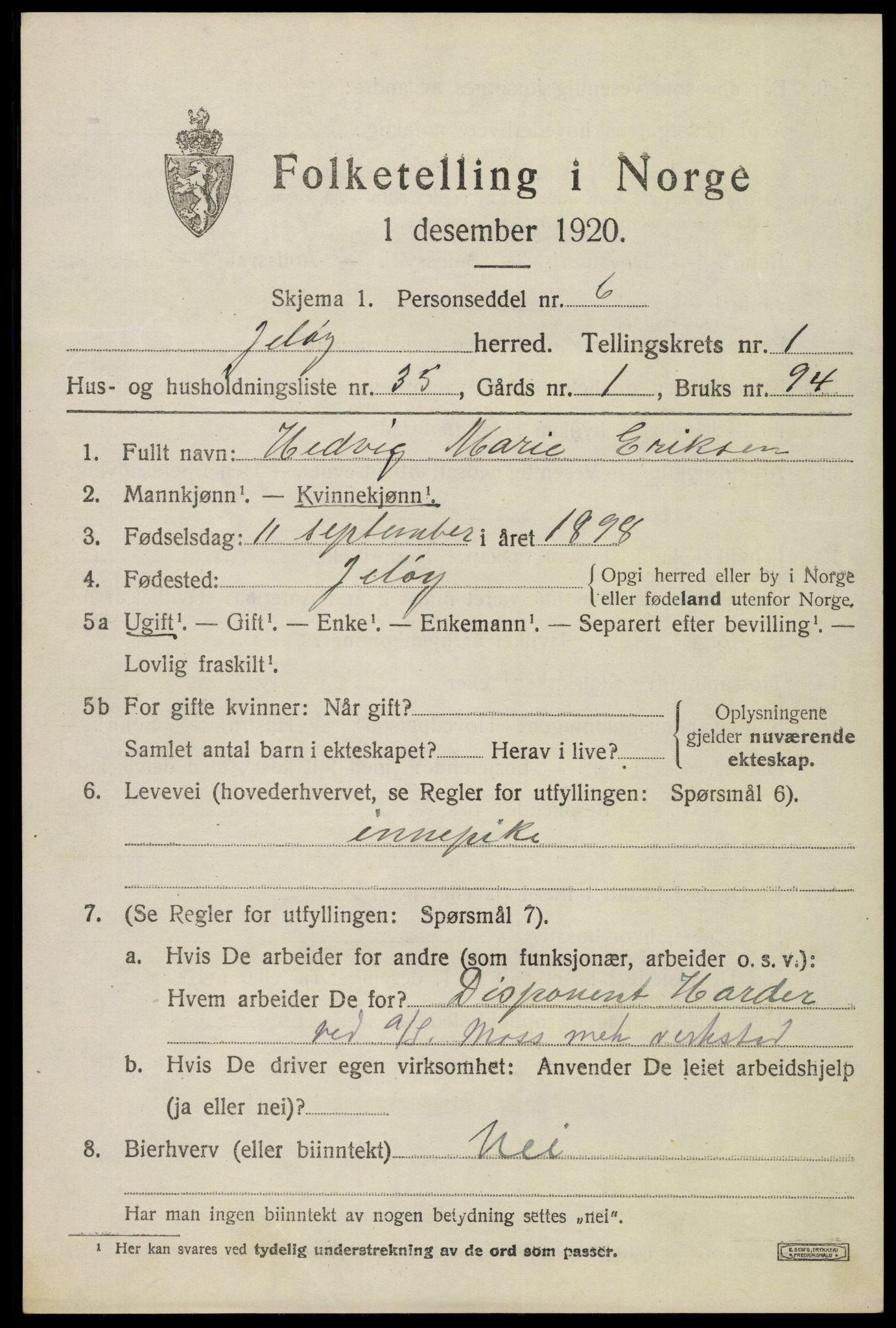 SAO, 1920 census for Moss land district, 1920, p. 1705