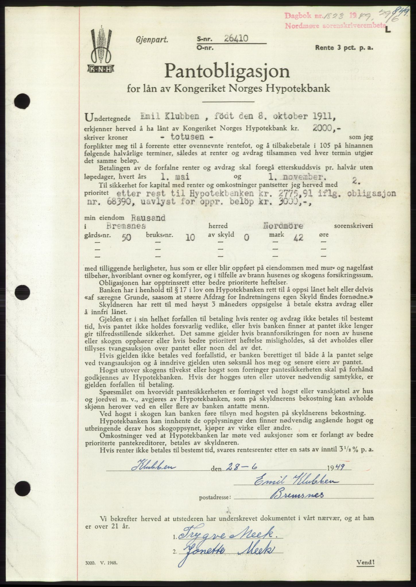 Nordmøre sorenskriveri, AV/SAT-A-4132/1/2/2Ca: Mortgage book no. B101, 1949-1949, Diary no: : 1823/1949