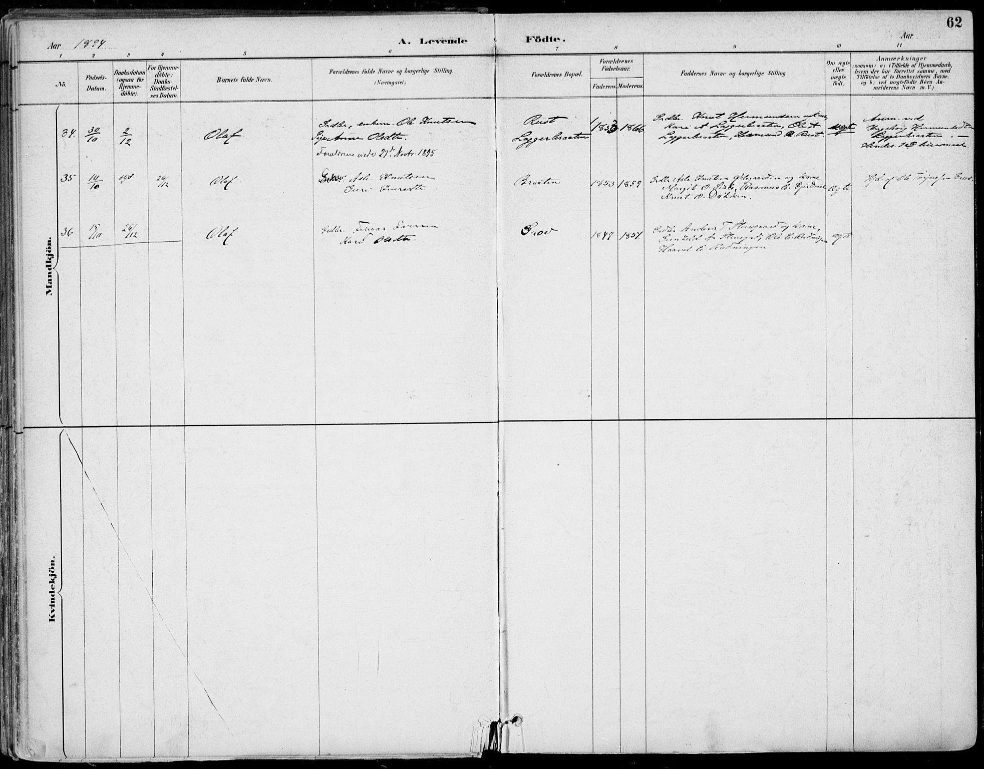 Gol kirkebøker, AV/SAKO-A-226/F/Fa/L0005: Parish register (official) no. I 5, 1887-1900, p. 62