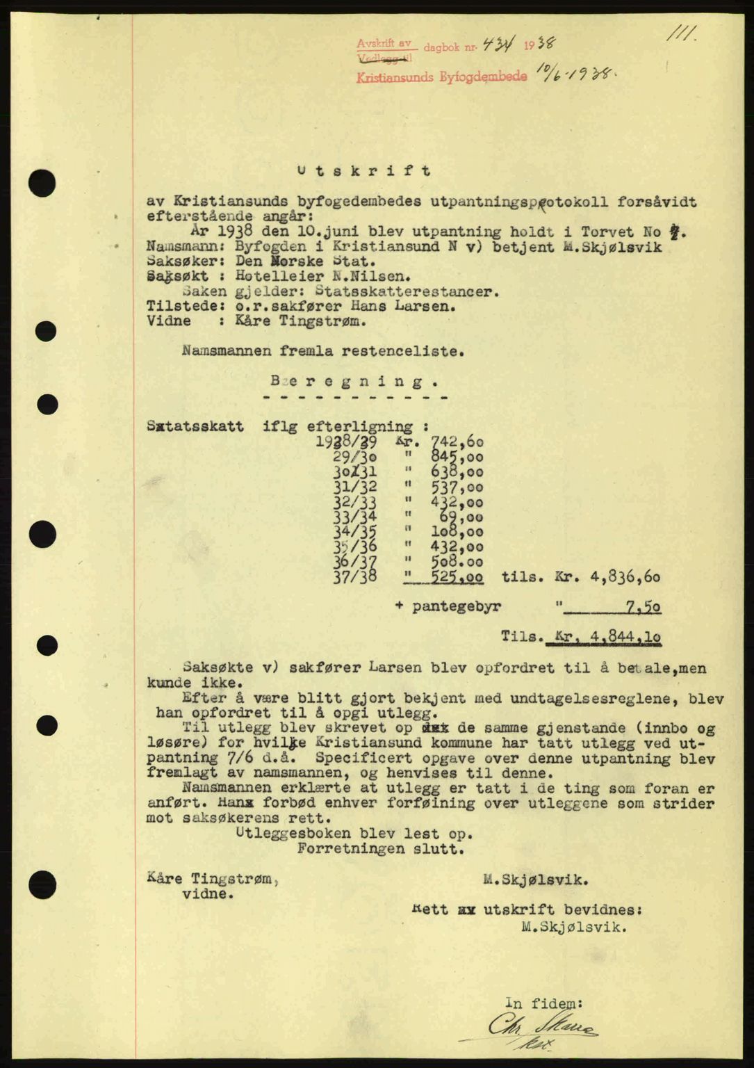 Kristiansund byfogd, AV/SAT-A-4587/A/27: Mortgage book no. 31, 1938-1939, Diary no: : 434/1938