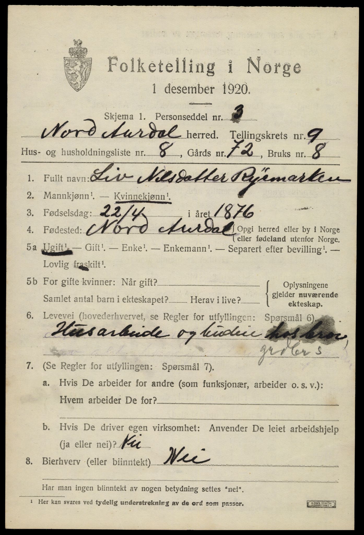 SAH, 1920 census for Nord-Aurdal, 1920, p. 7604