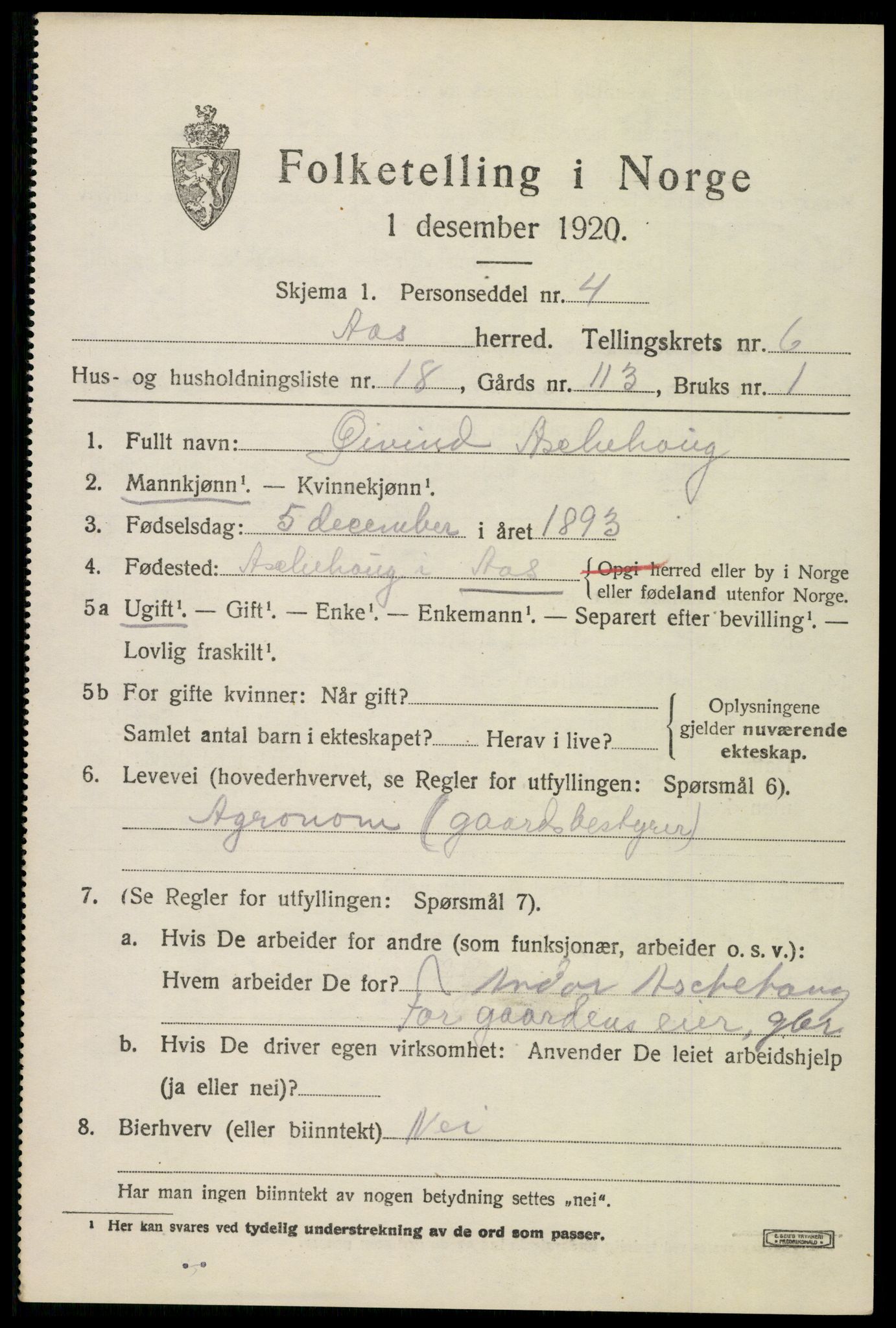 SAO, 1920 census for Ås, 1920, p. 7032