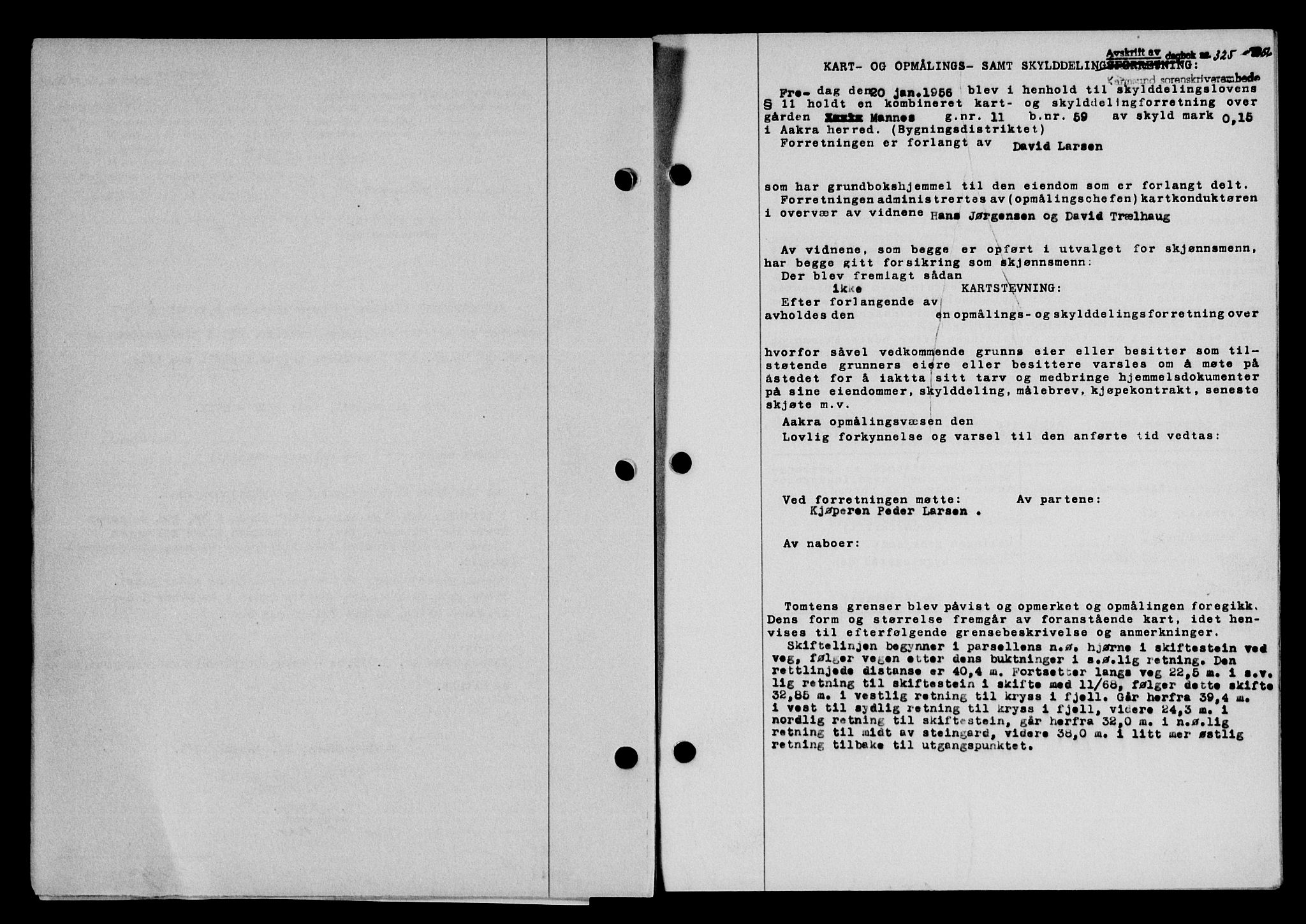 Karmsund sorenskriveri, SAST/A-100311/01/II/IIB/L0118: Mortgage book no. 98A, 1955-1956, Diary no: : 325/1956