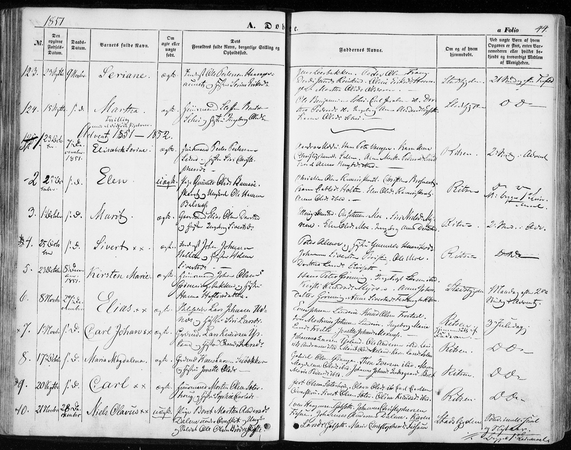 Ministerialprotokoller, klokkerbøker og fødselsregistre - Sør-Trøndelag, SAT/A-1456/646/L0611: Parish register (official) no. 646A09, 1848-1857, p. 44