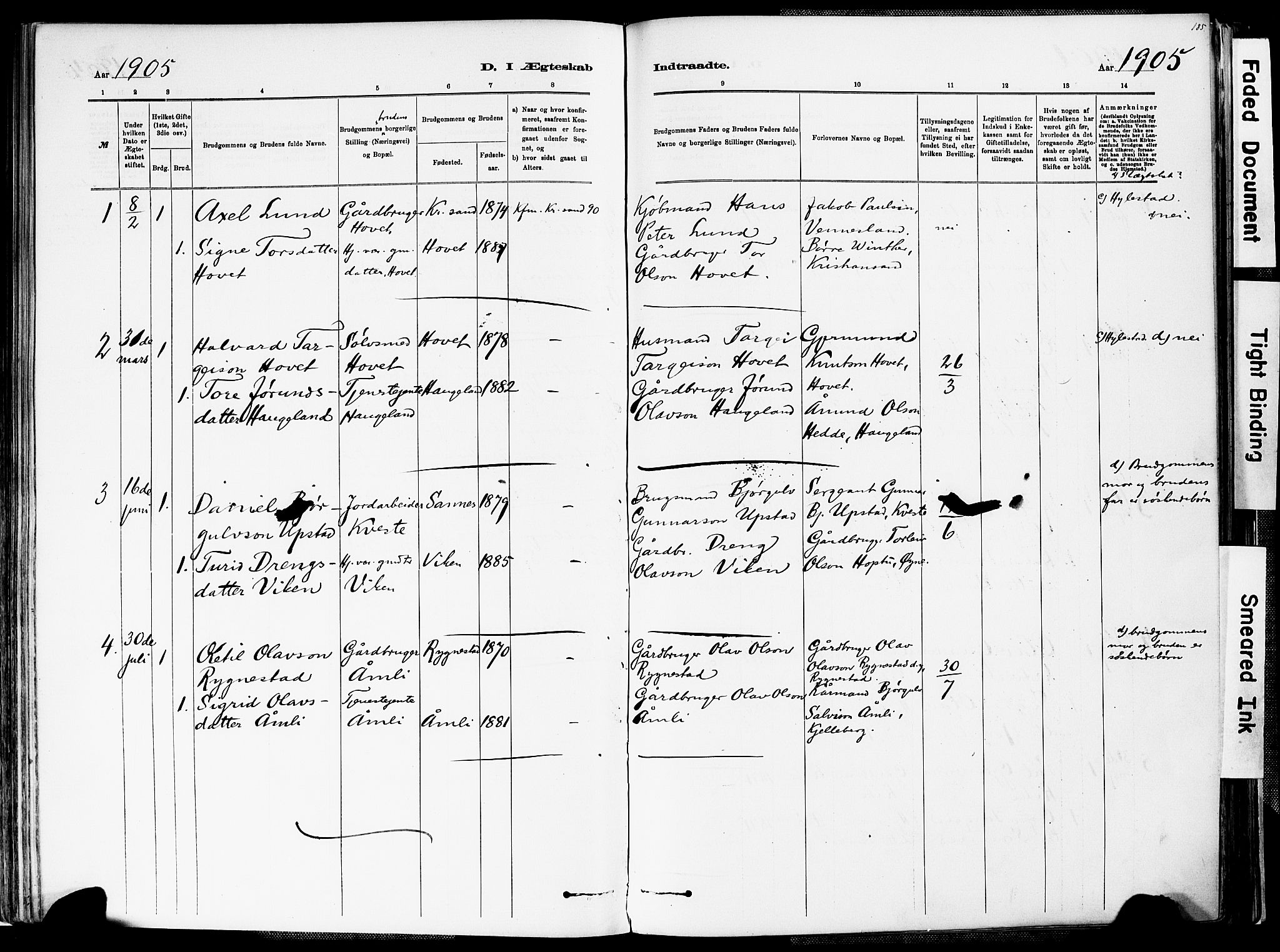 Valle sokneprestkontor, SAK/1111-0044/F/Fa/Fac/L0009: Parish register (official) no. A 9, 1882-1913, p. 185